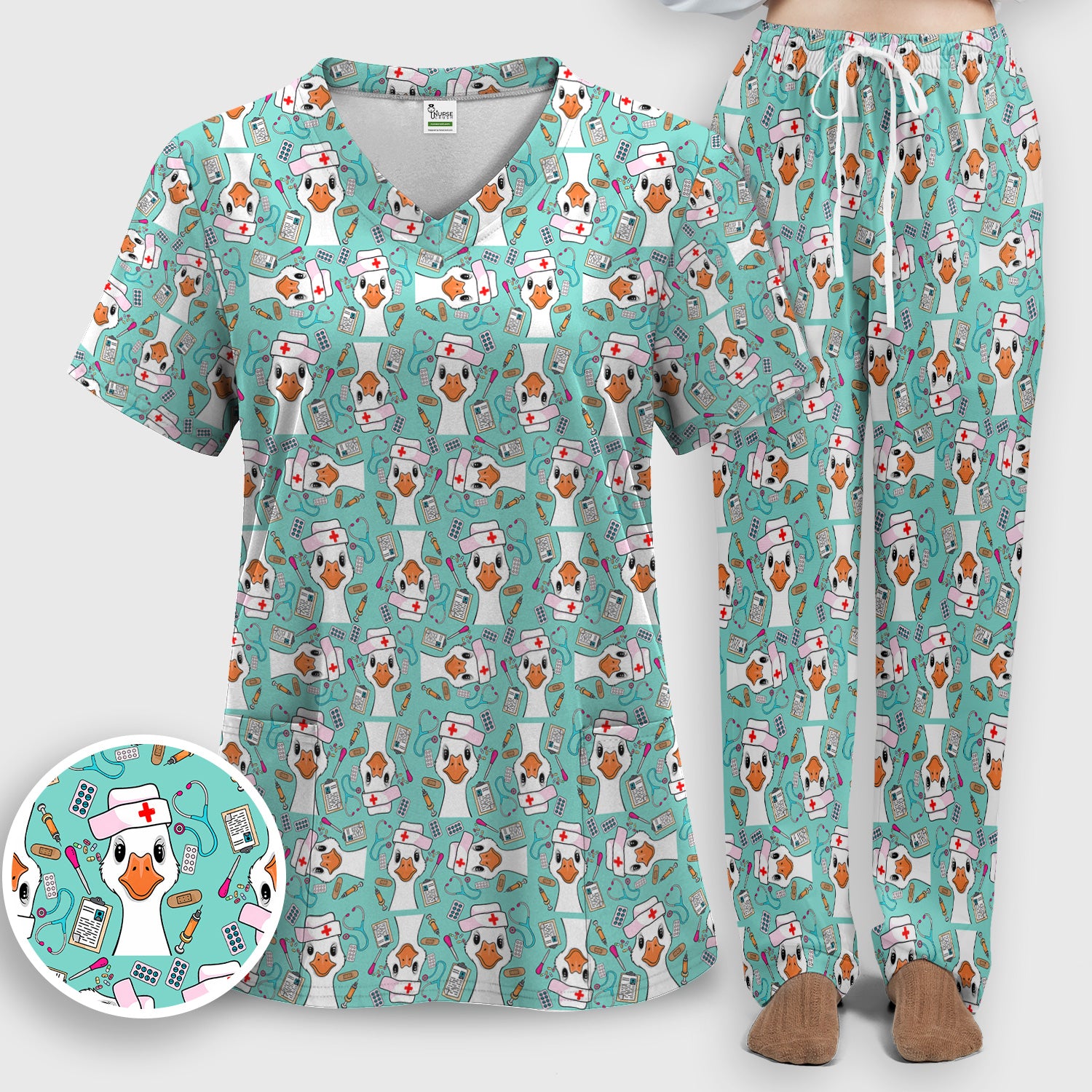 Duck Wearing Hat With Medical Tools Scrub Set, Breathable Med Uniform