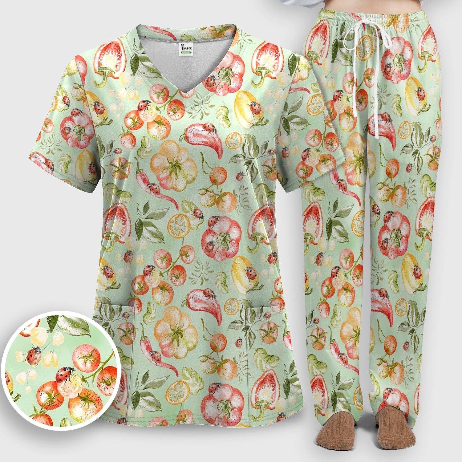 Cute Watercolor Veggie Ladybug Pattern Scrub Set, Scrub Pants and V Neck Top