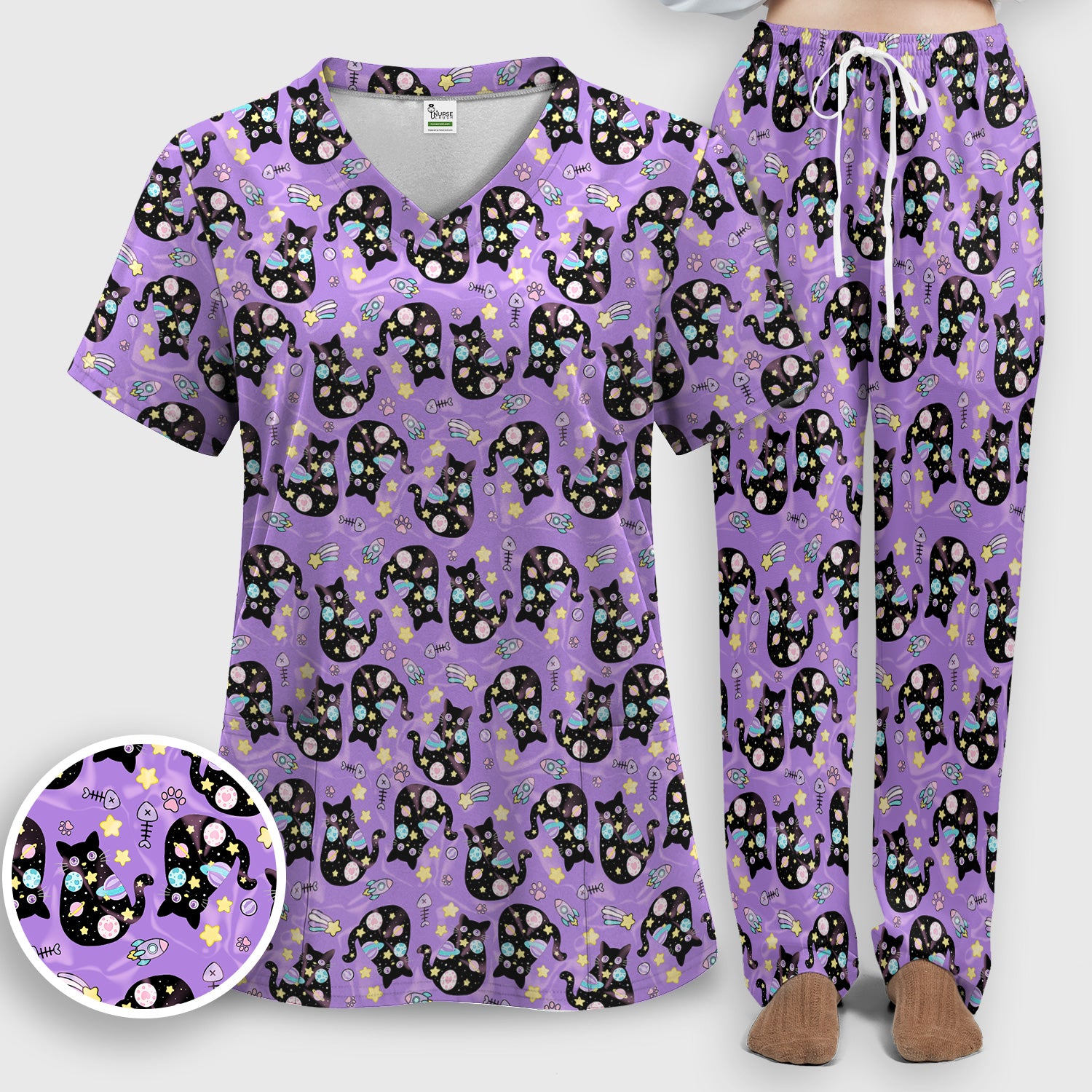 Galaxy Black Cat Space Pattern Scrub Top, Breathable Fabrics Nursing Uniform