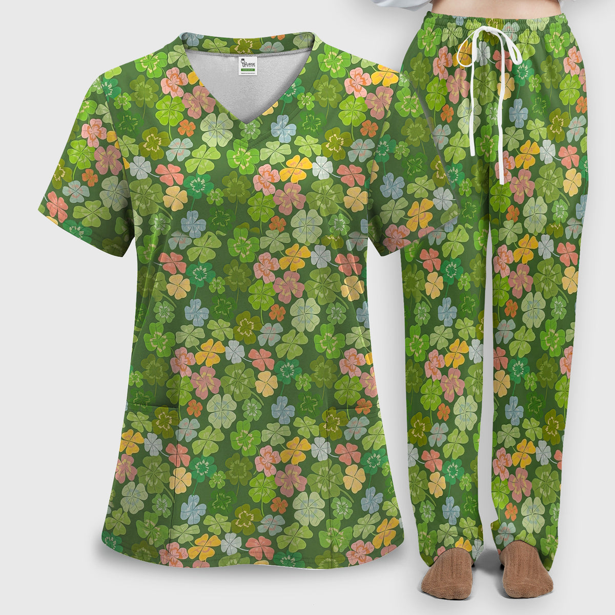 Colorful Shamrock Clover Pattern Scrubs Sets, Scrub Pants and V Neck Top