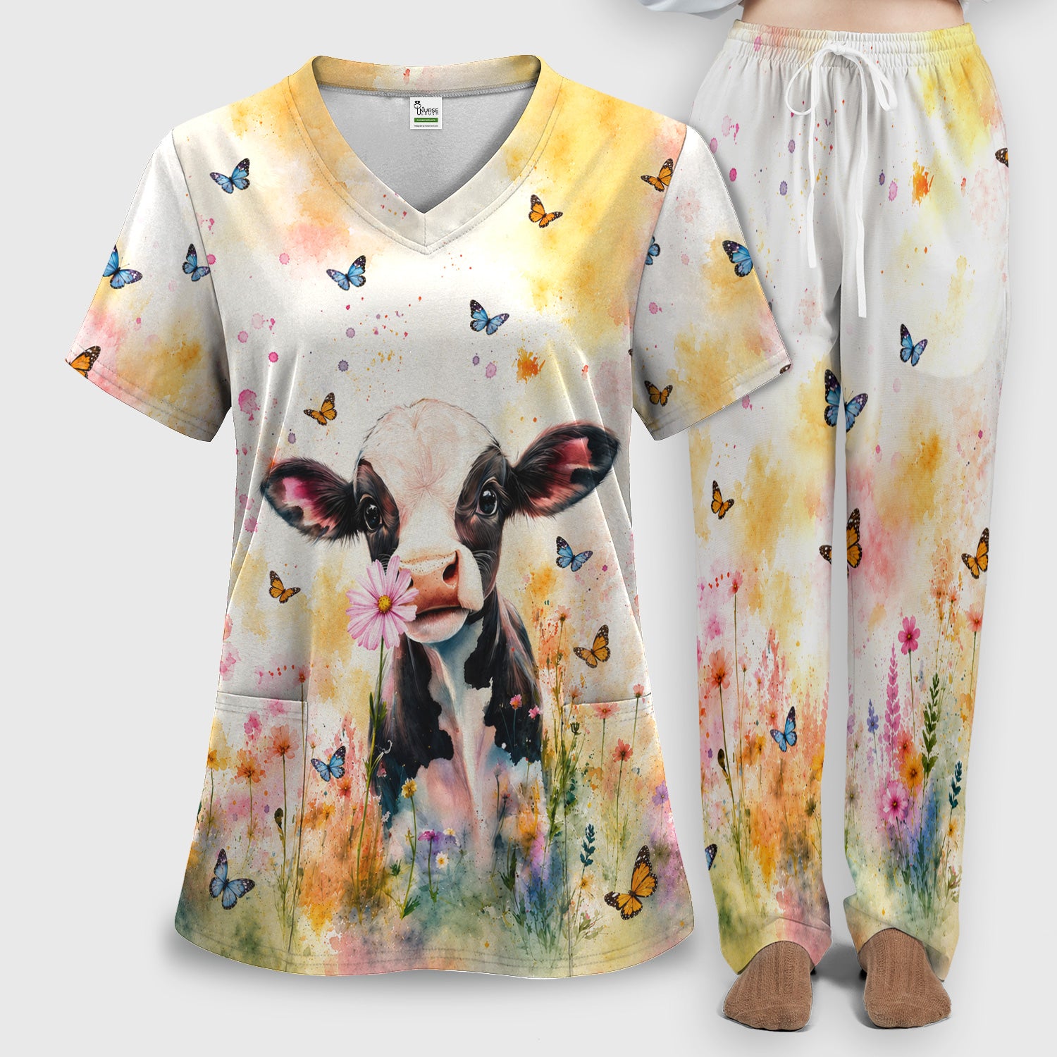 Cute Butterfly Baby Cow Pattern Scrub Set, Scrub Pants and V Neck Top