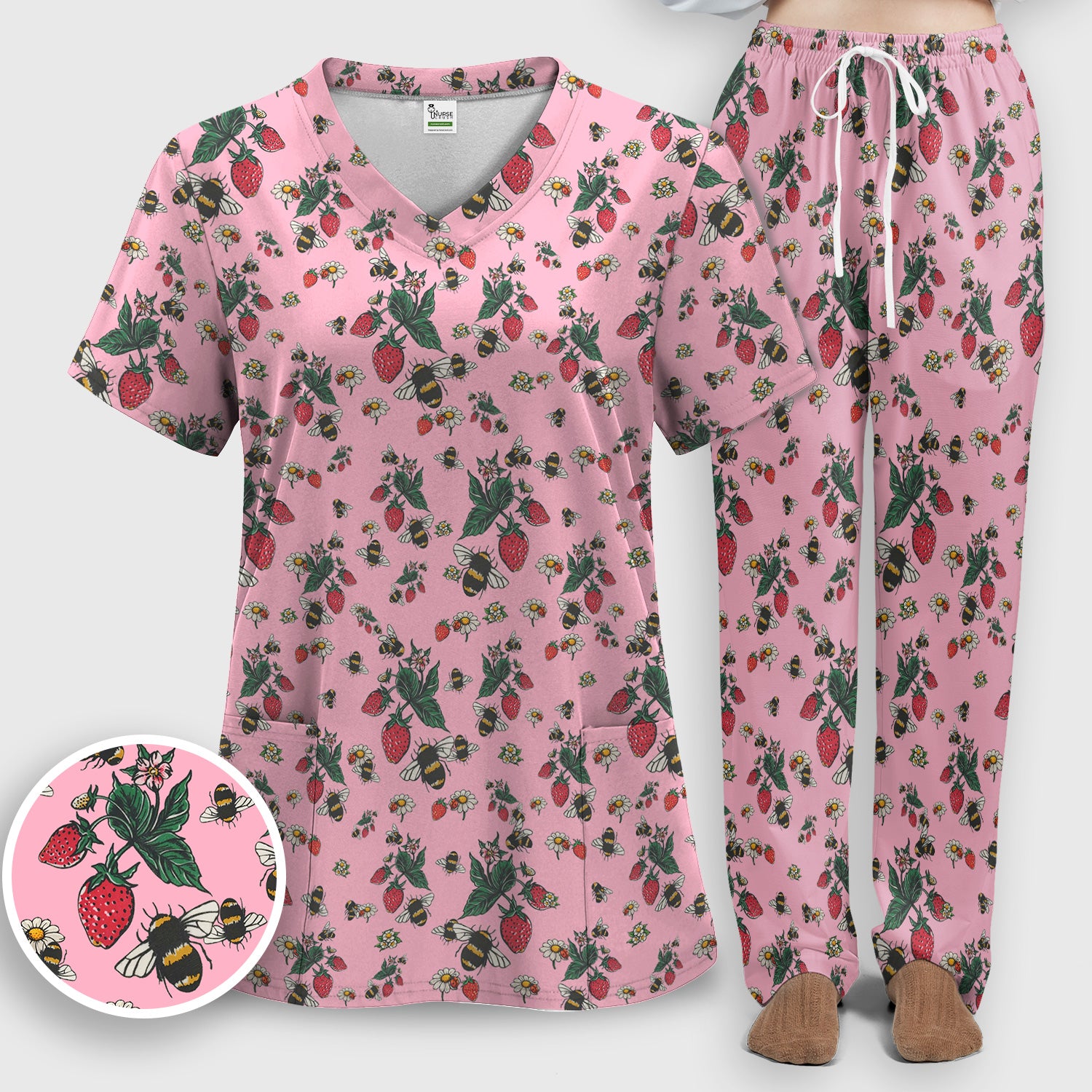 Cute Strawberry Bee Daisy Floral Pattern Scrub Set, Scrub Pants and V Neck Top