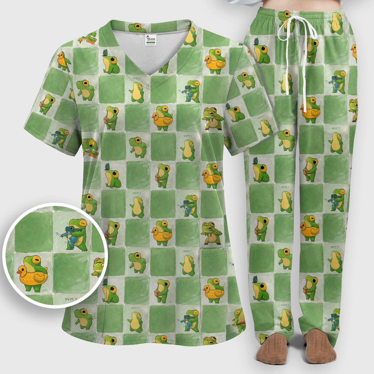 Cute Frog Duck Checkerboard Pattern Scrub Set, Scrub Pants and V Neck Top