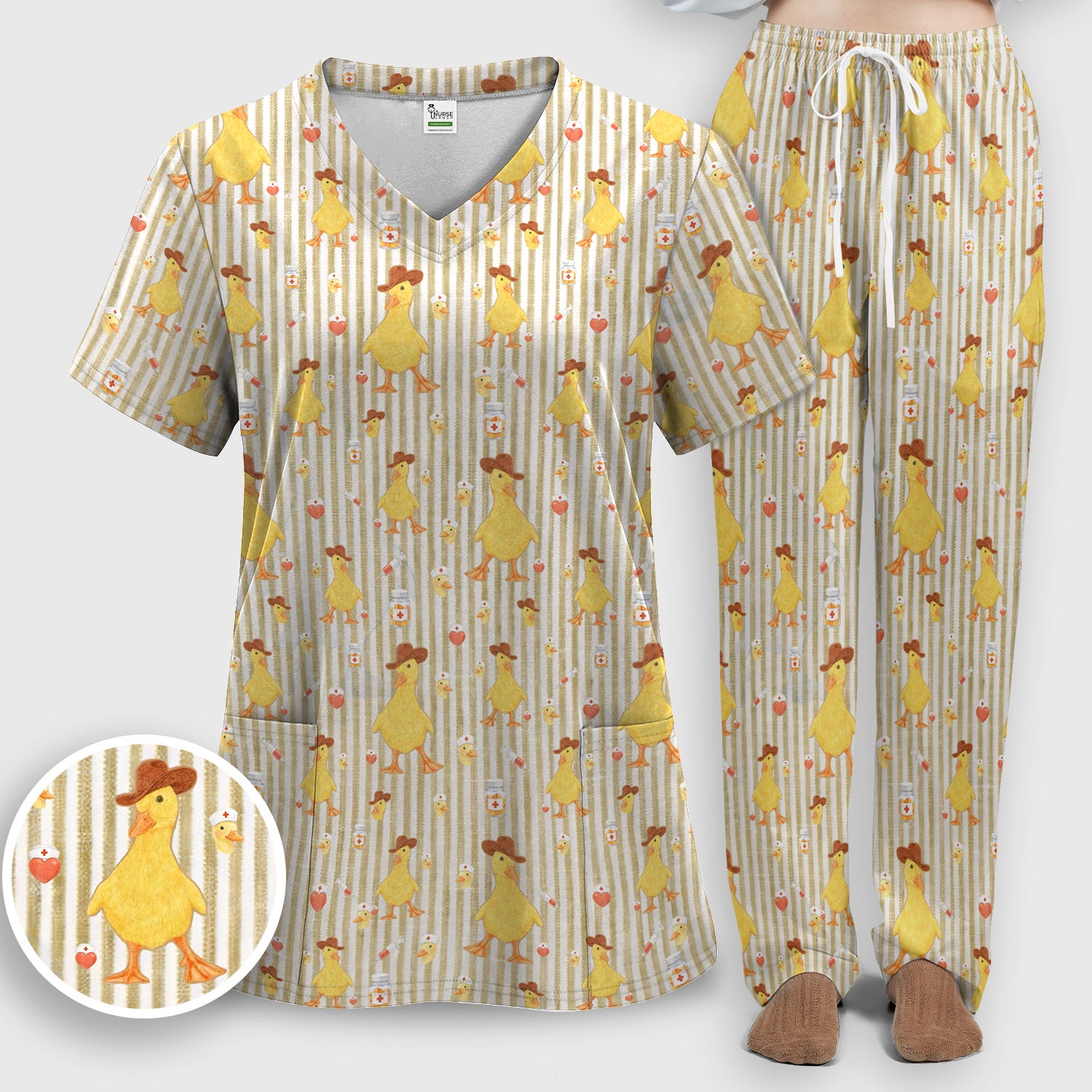 Cowboy Ducktor Vertical Stripe Pattern Scrub Set, Breathable Med Uniform