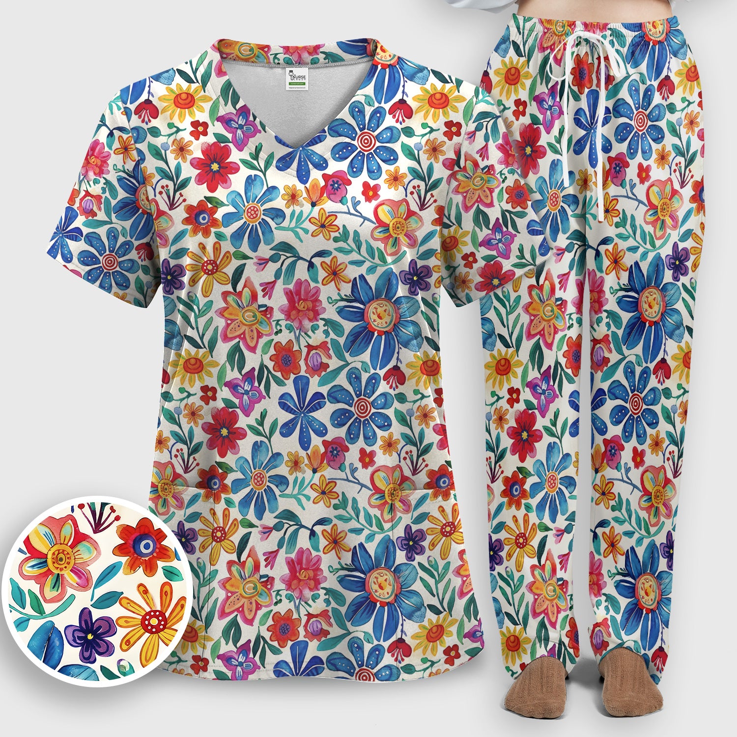 Colorful Folk Floral Print Scrub Set, Scrub Pants and V Neck Top
