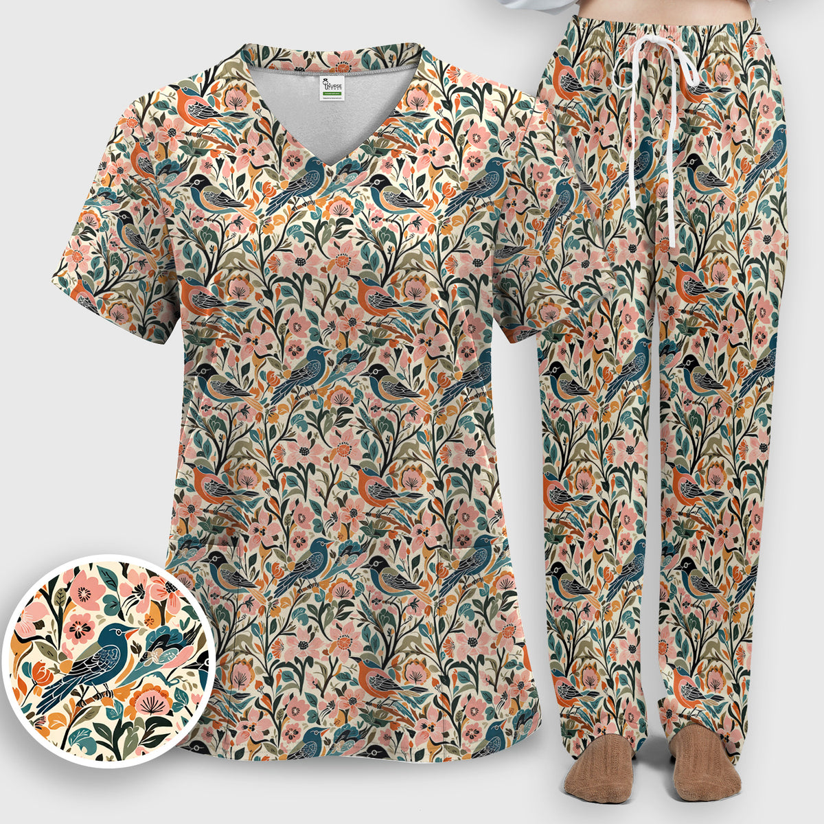 Folk Art Songbird Floral Pattern Scrub Set, Scrub Pants and V Neck Top