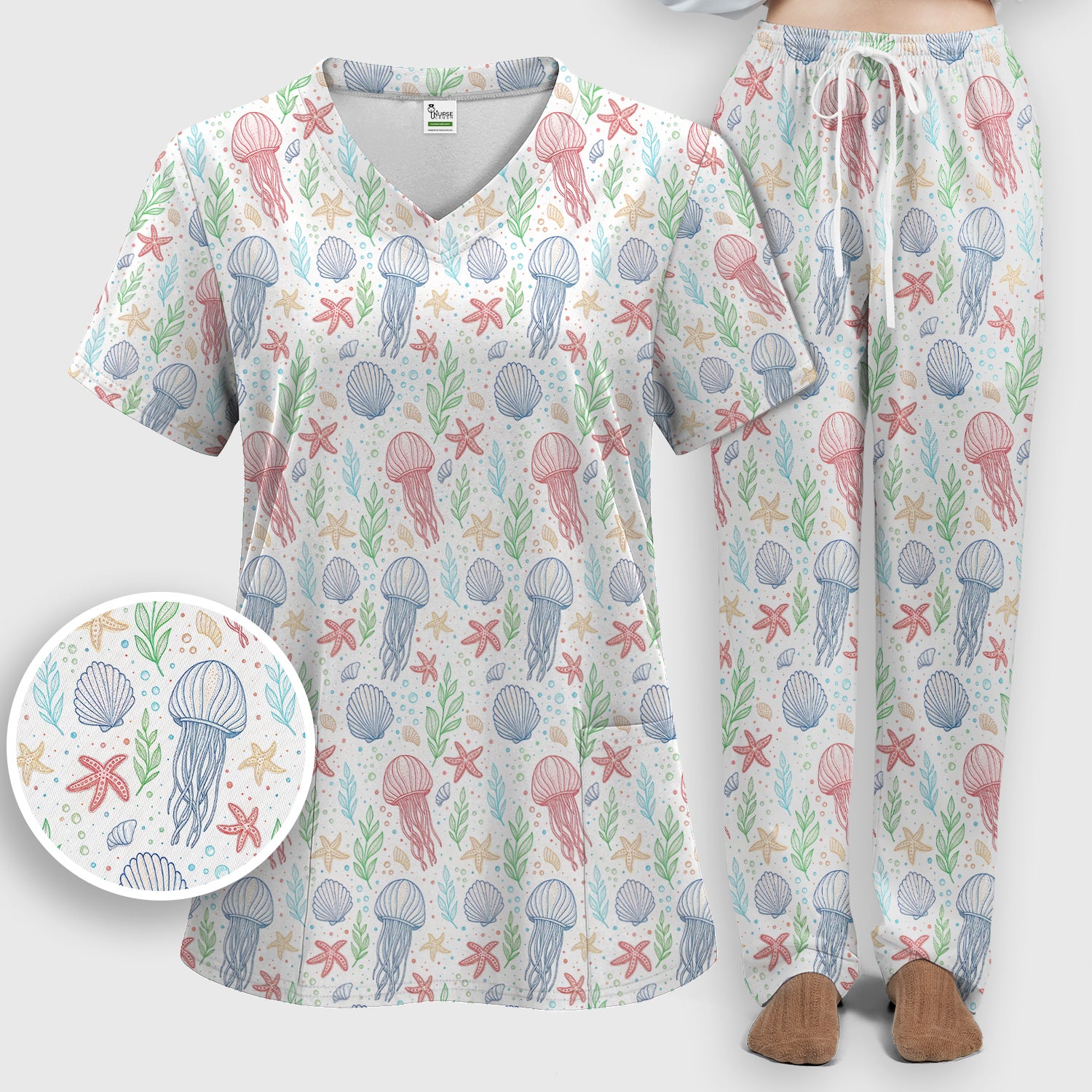 Cute Jellyfish Ocean World  Pattern Scrub Set, Scrub Pants and V Neck Top