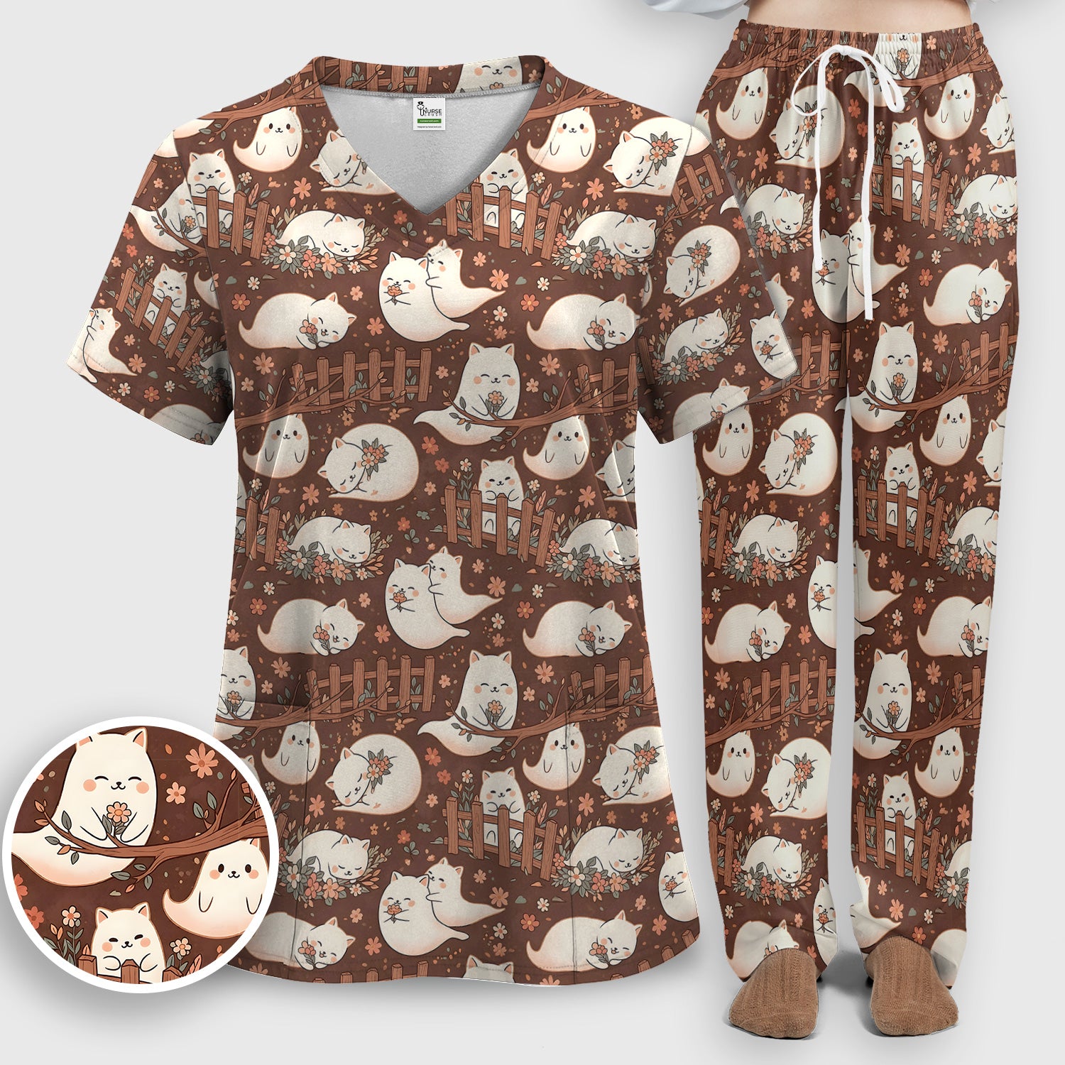Floral Cat with Garden Fence Print Scrub Set, Scrub Pants and V Neck Top