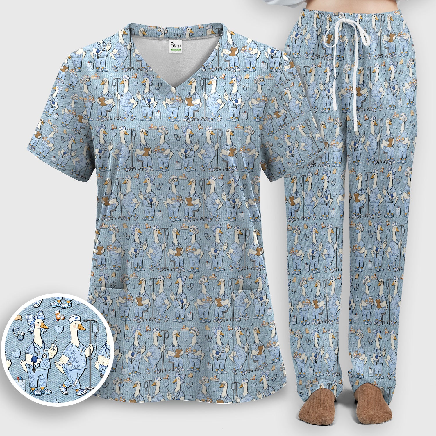 Cute Nurse Goose Working Pattern Scrub Set, Scrub Pants and V Neck Top