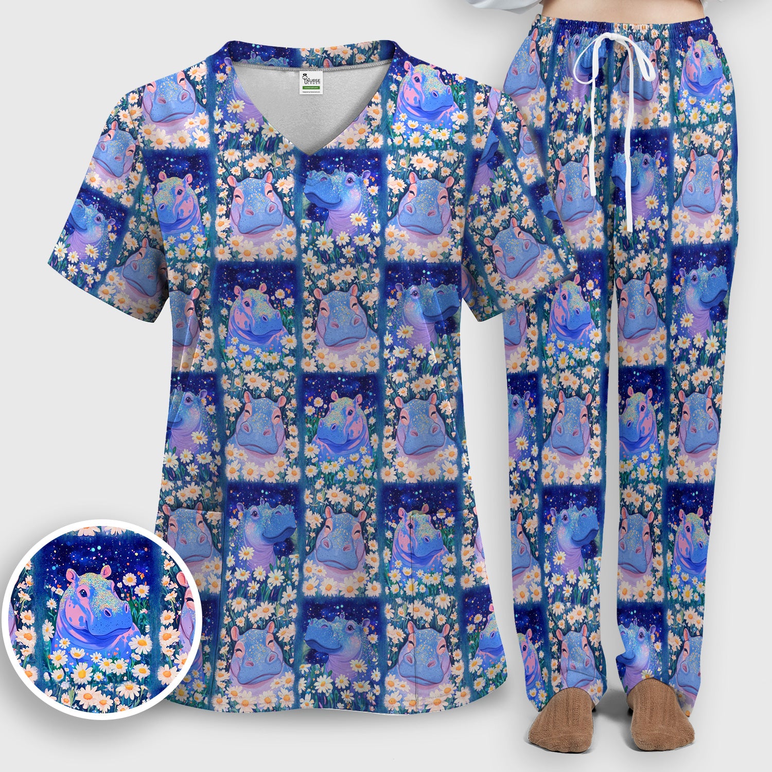 Cute Hippo Daisy Floral Patchwork Scrub Set, Scrub Pants and V Neck Top