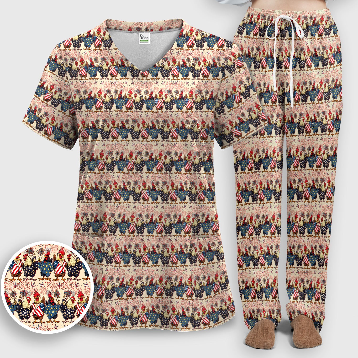 Patriotic Rooster Fireworks Pattern Scrub Set, Scrub Pants and V Neck Top