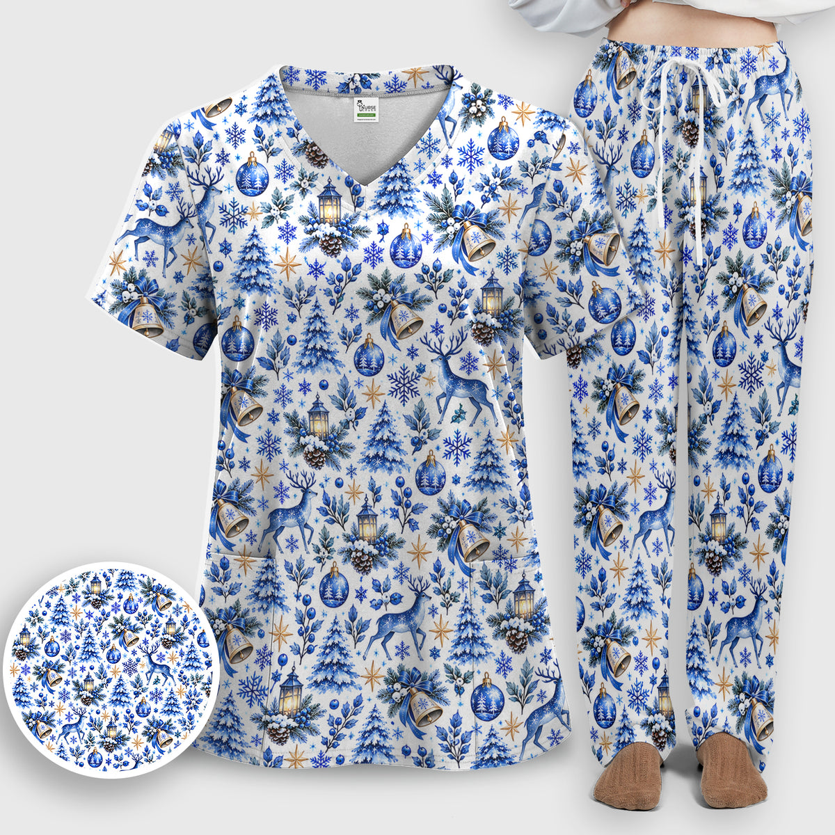 Blue Christmas Reindeer And Winter Trees Scrub Set, Scrub Pants and V Neck Top