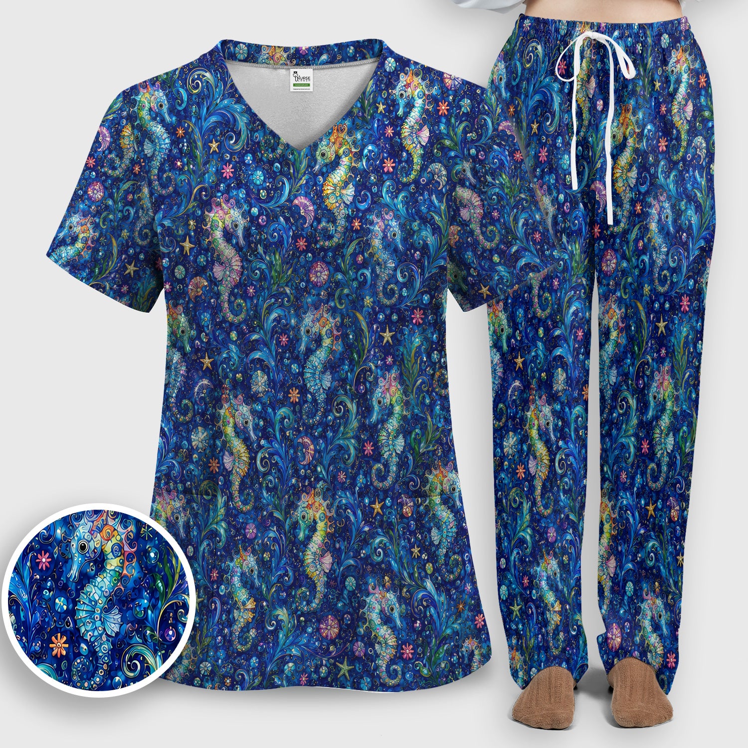 Vibrant Seahorse Ocean Swirl Pattern Scrub Set, Scrub Pants and V Neck Top