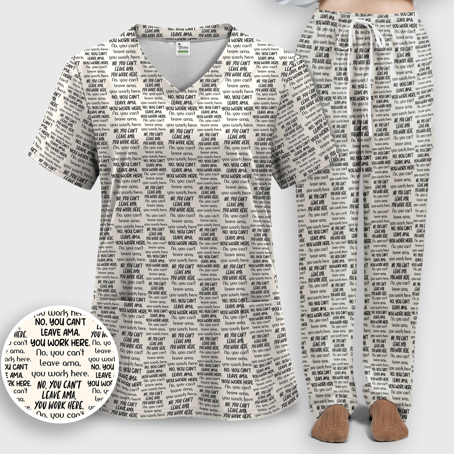 Funny Repeating Nurse Work Quote Text Pattern Scrub Set, Scrub Pants and V Neck Top