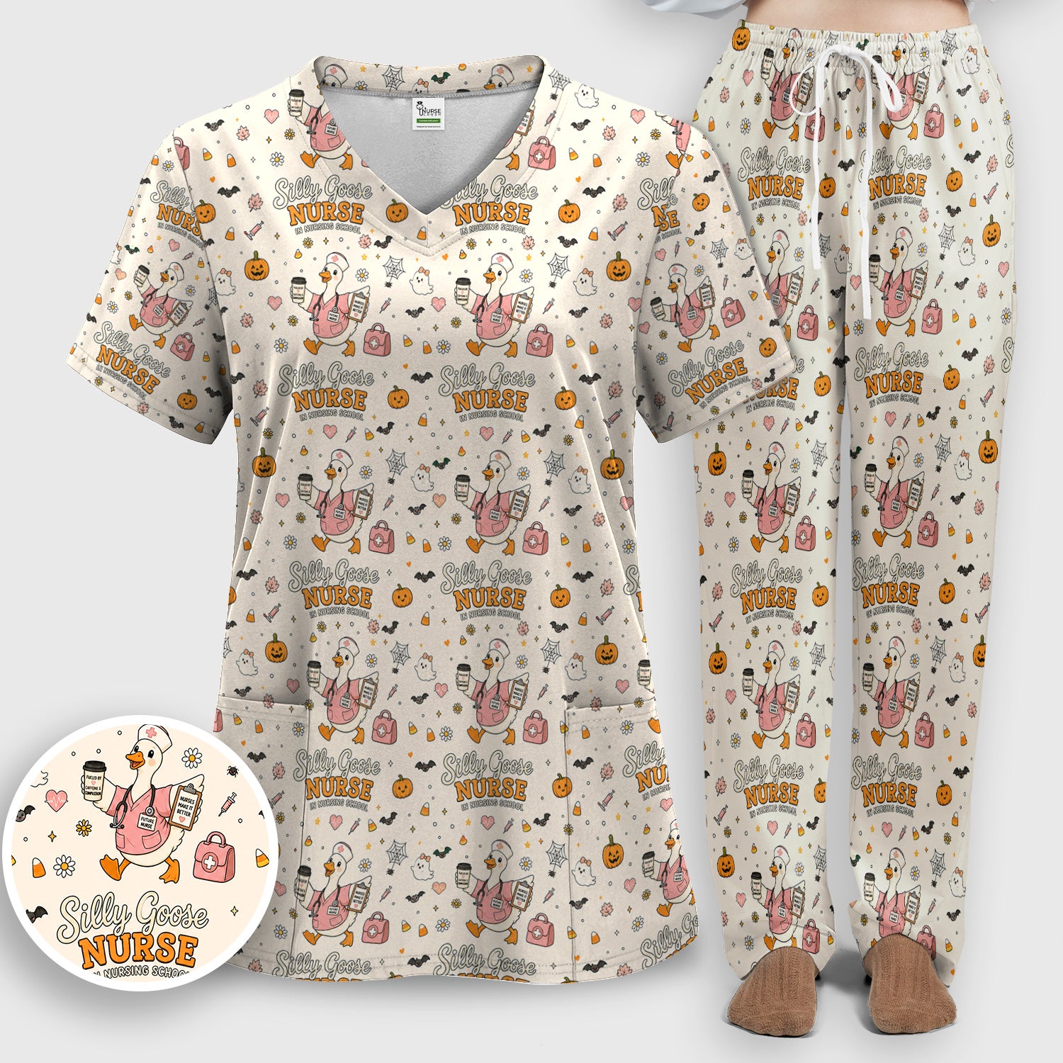 Funny Halloween Silly Goose Pattern Scrub Set, Scrub Pants and V Neck Top