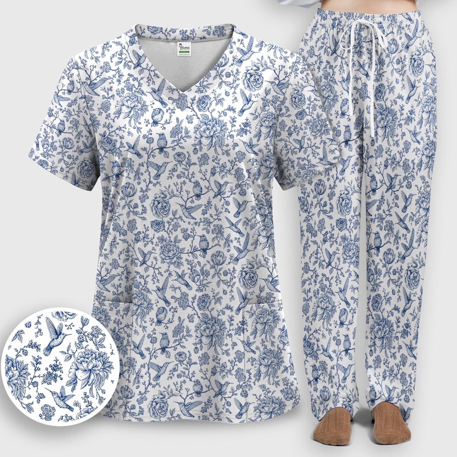 Blue Toile Hummingbird Floral Pattern Scrub Set, Scrub Pants and V Neck Top