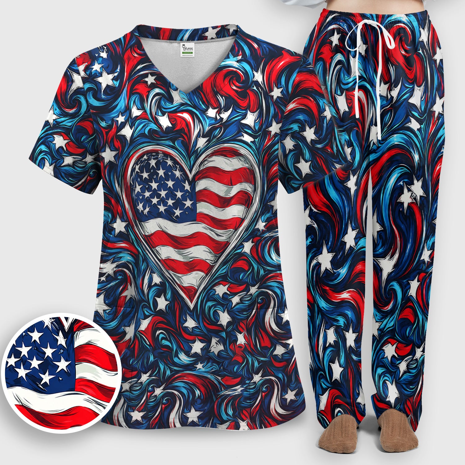 American Flag Heart Pattern Scrub Set, Scrub Pants and V Neck Top