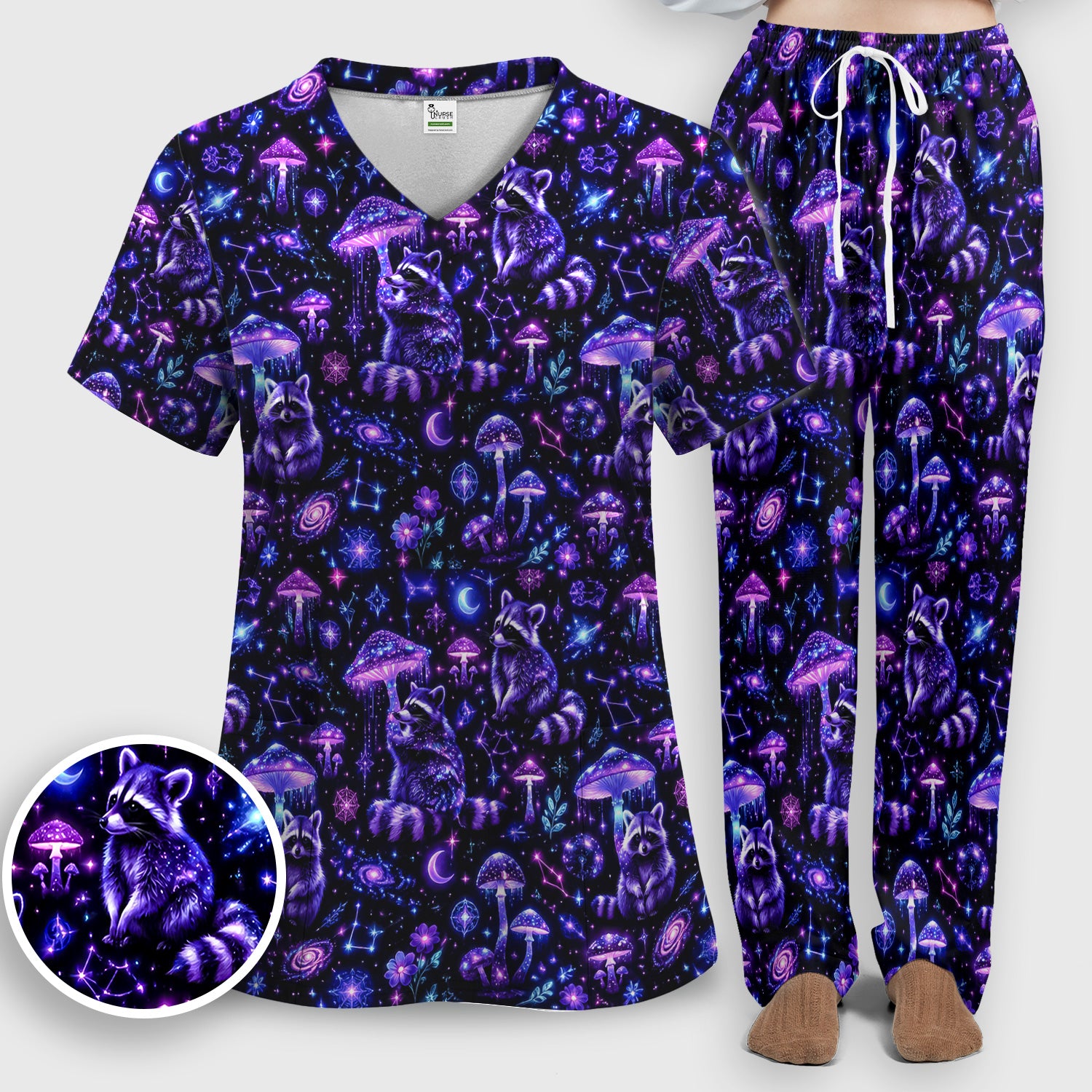 Cosmic Raccoon Mushroom Print Scrub Set, Scrub Pants and V Neck Top