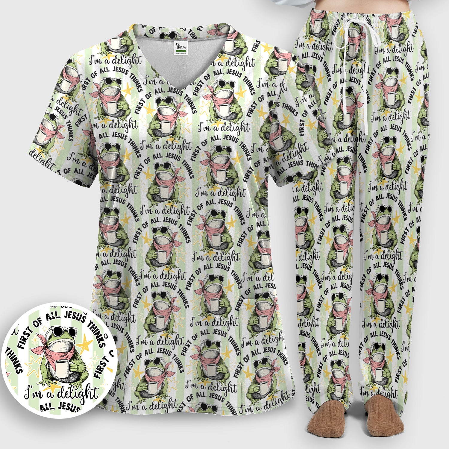 Funny Frog Coffee Quote Pattern Scrub Set, Scrub Pants and V Neck Top