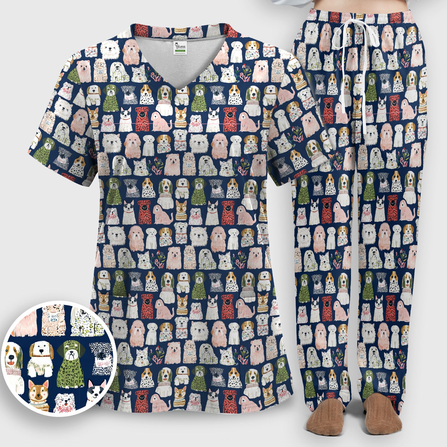 Cute Cartoon Dog Breeds Pattern Scrub Set, Breathable Med Uniform