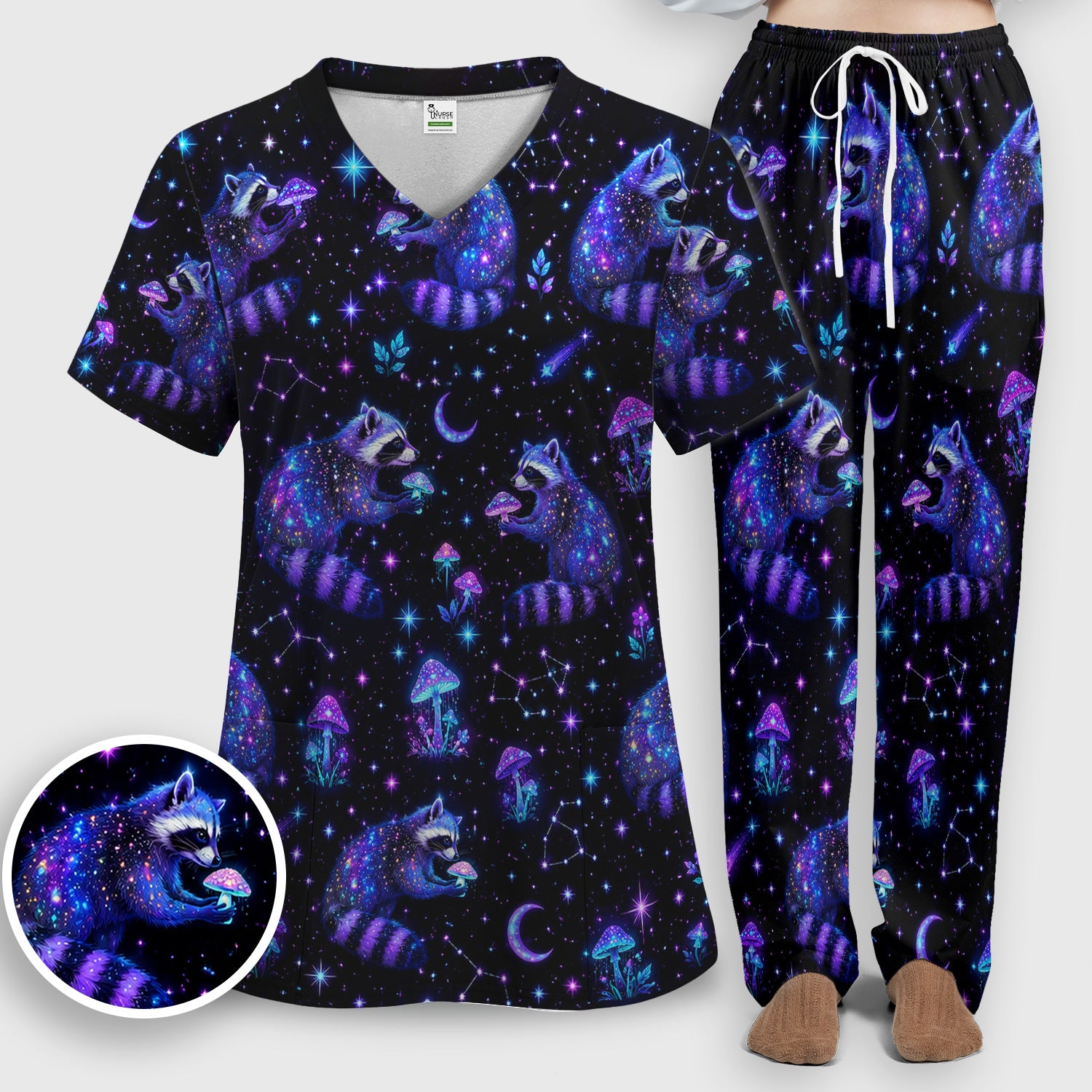 Galaxy Raccoon With Mushroom Night Scrub Set, Scrub Pants and V Neck Top