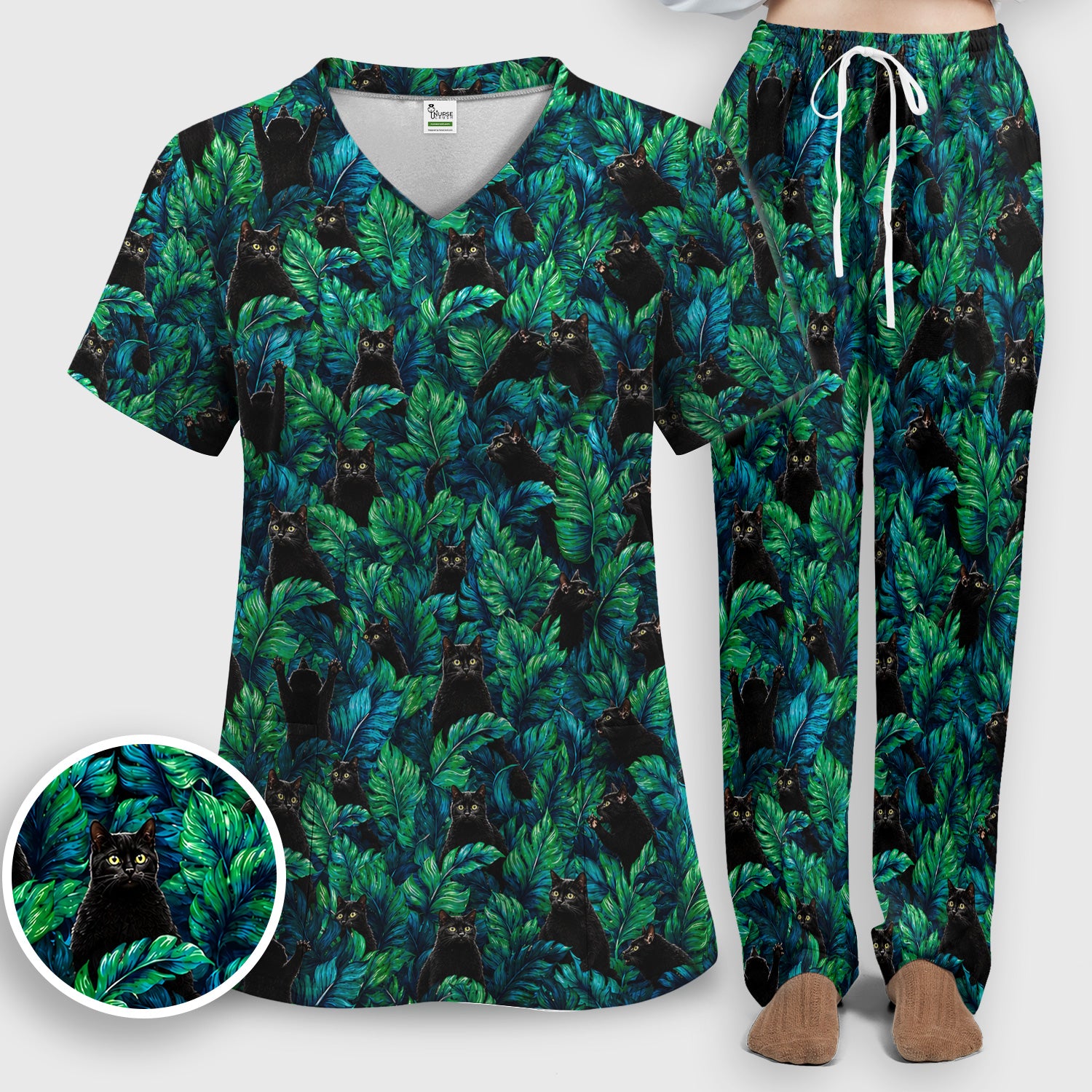 Black Cat Tropical Jungle Leaves Pattern Scrub Set, Scrub Pants and V Neck Top