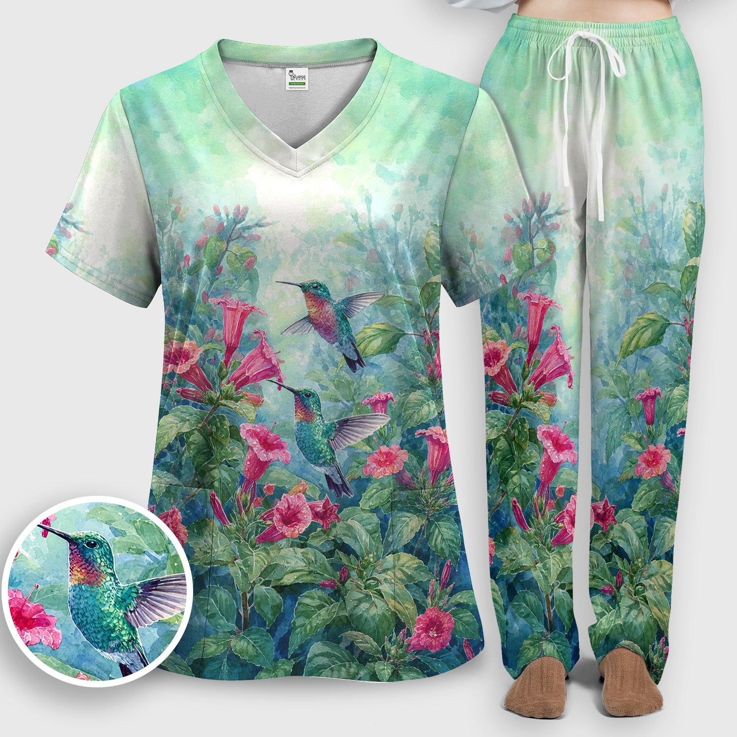 Vintage Hummingbird Floral Garden Pattern Scrub Set, Scrub Pants and V Neck Top