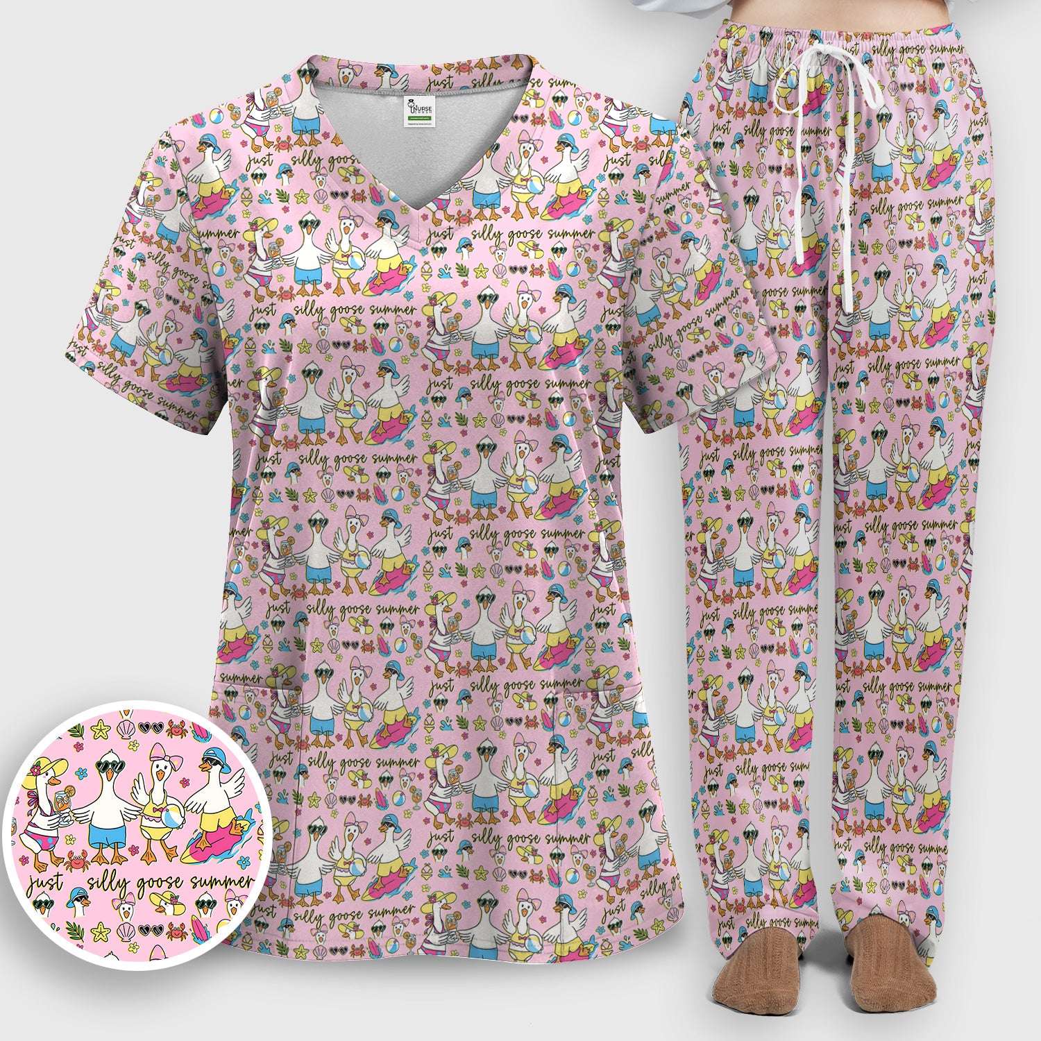 Silly Goose Summer Pattern Scrub Top, Breathable Fabrics Nursing Uniform