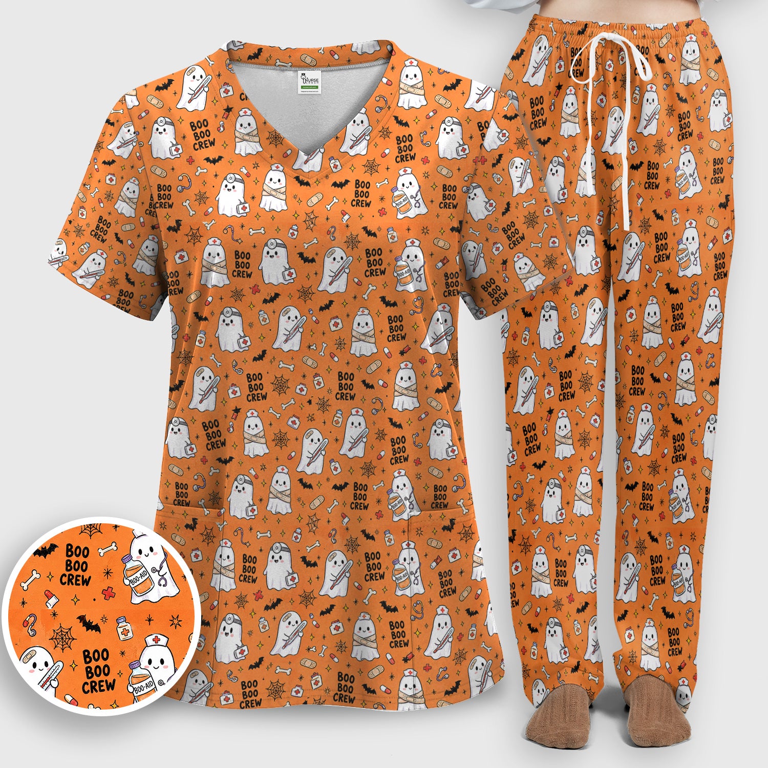 Cute Halloween Boo Boo Crew Ghost Scrub Set, Scrub Pants and V Neck Top