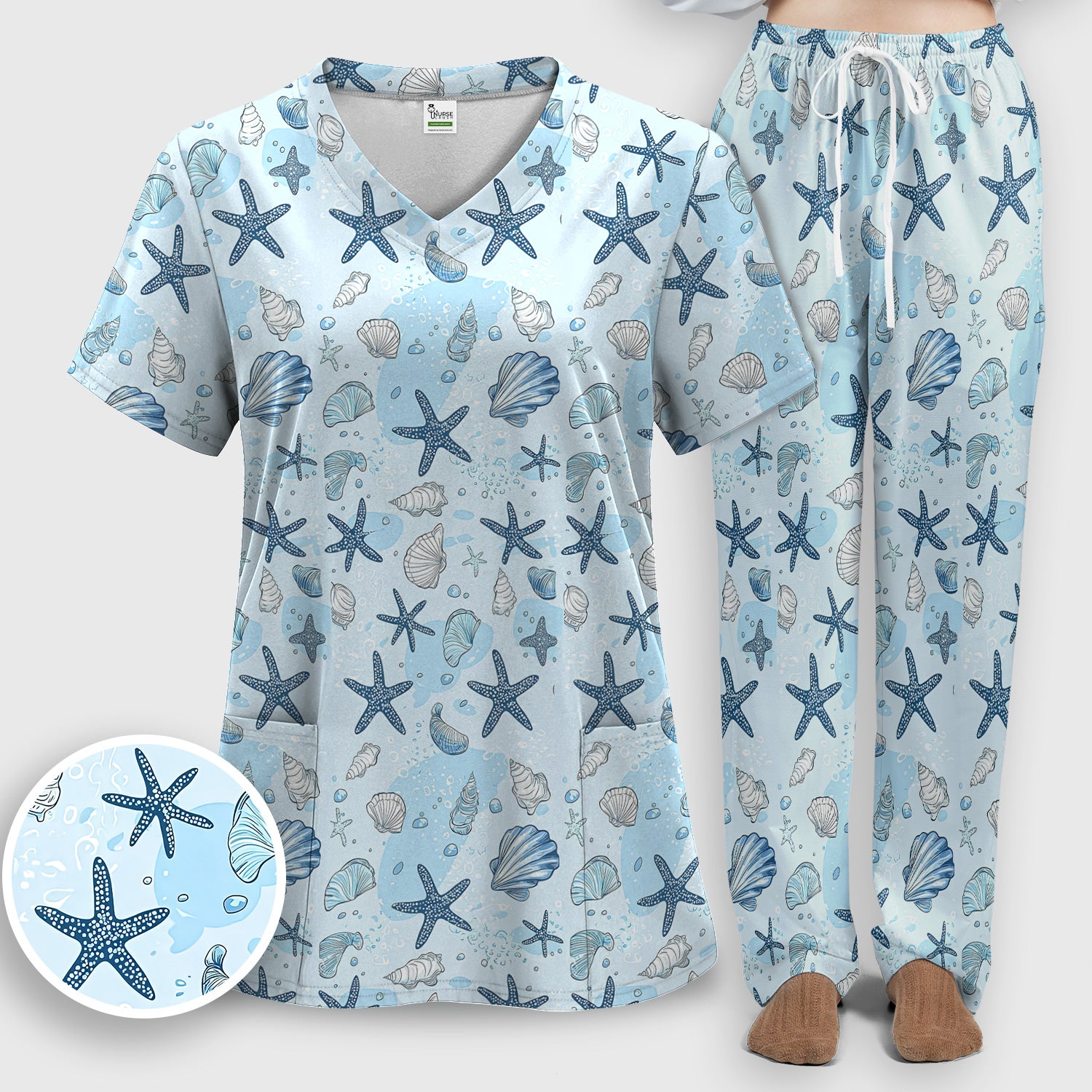 Ocean Shell And Starfish Print Scrub Set, Women's Scrub Sets