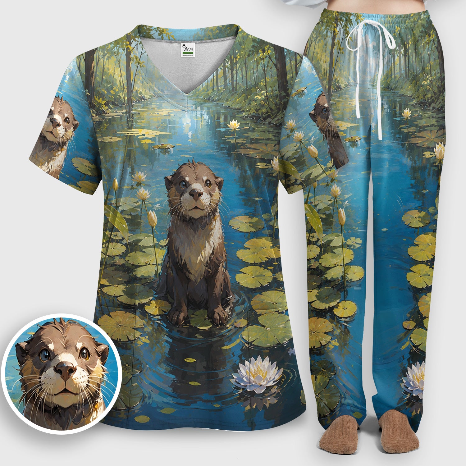 Cute Otter Pond Pattern Scrub Set, Scrub Pants and V Neck Top