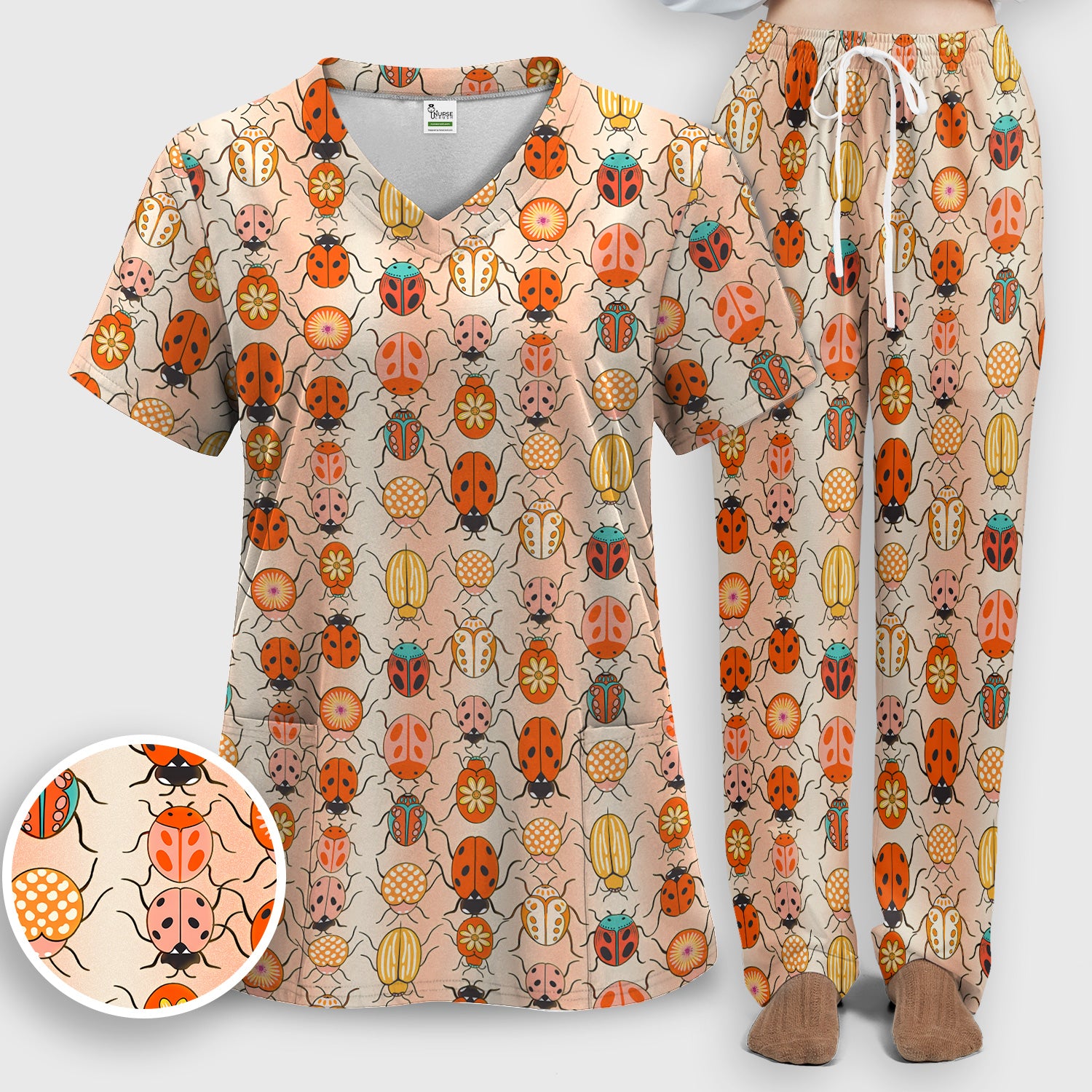 Cute Ladybug Beetle Floral Pattern Scrub Set, Women's Scrub Sets