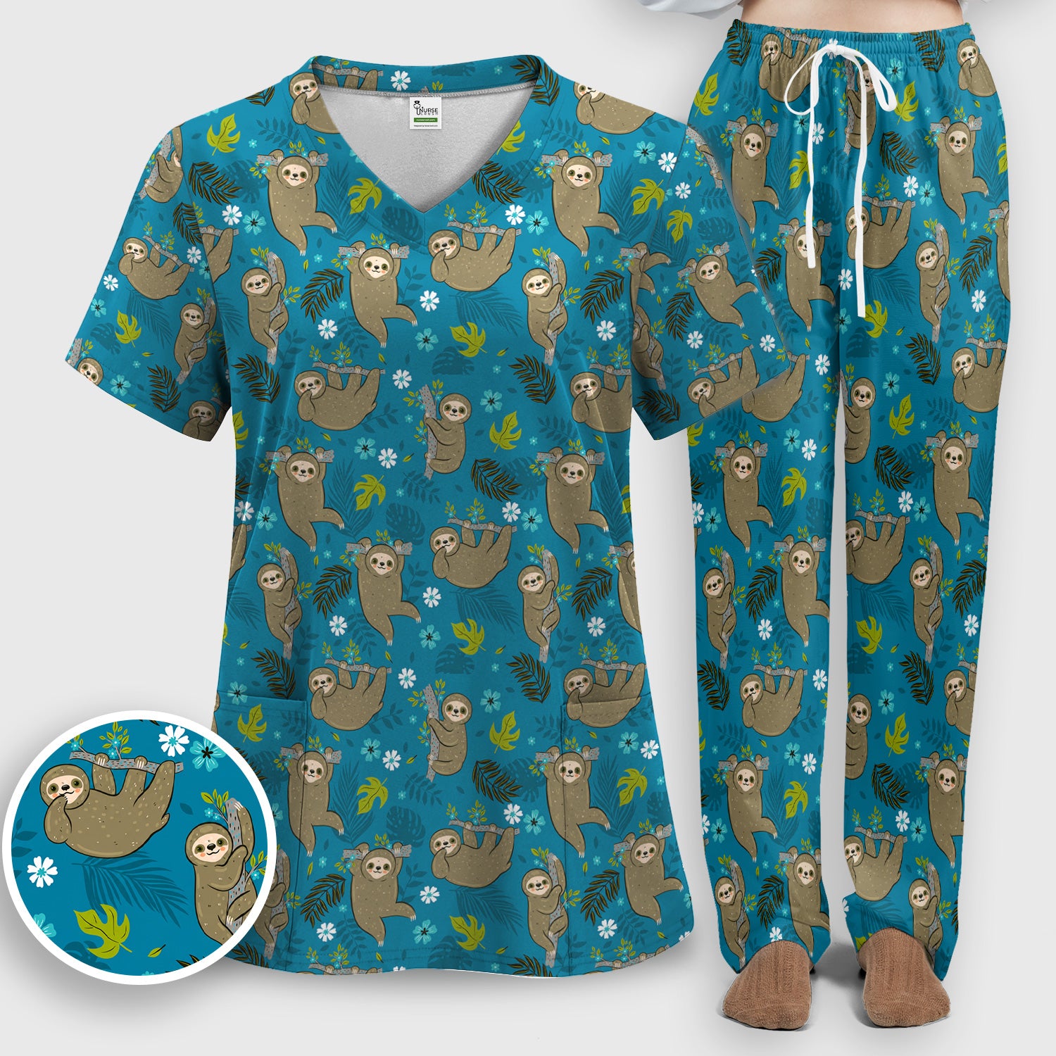 Jungle Tropical Sloth Pattern Scrub Set, Scrub Pants and V Neck Top