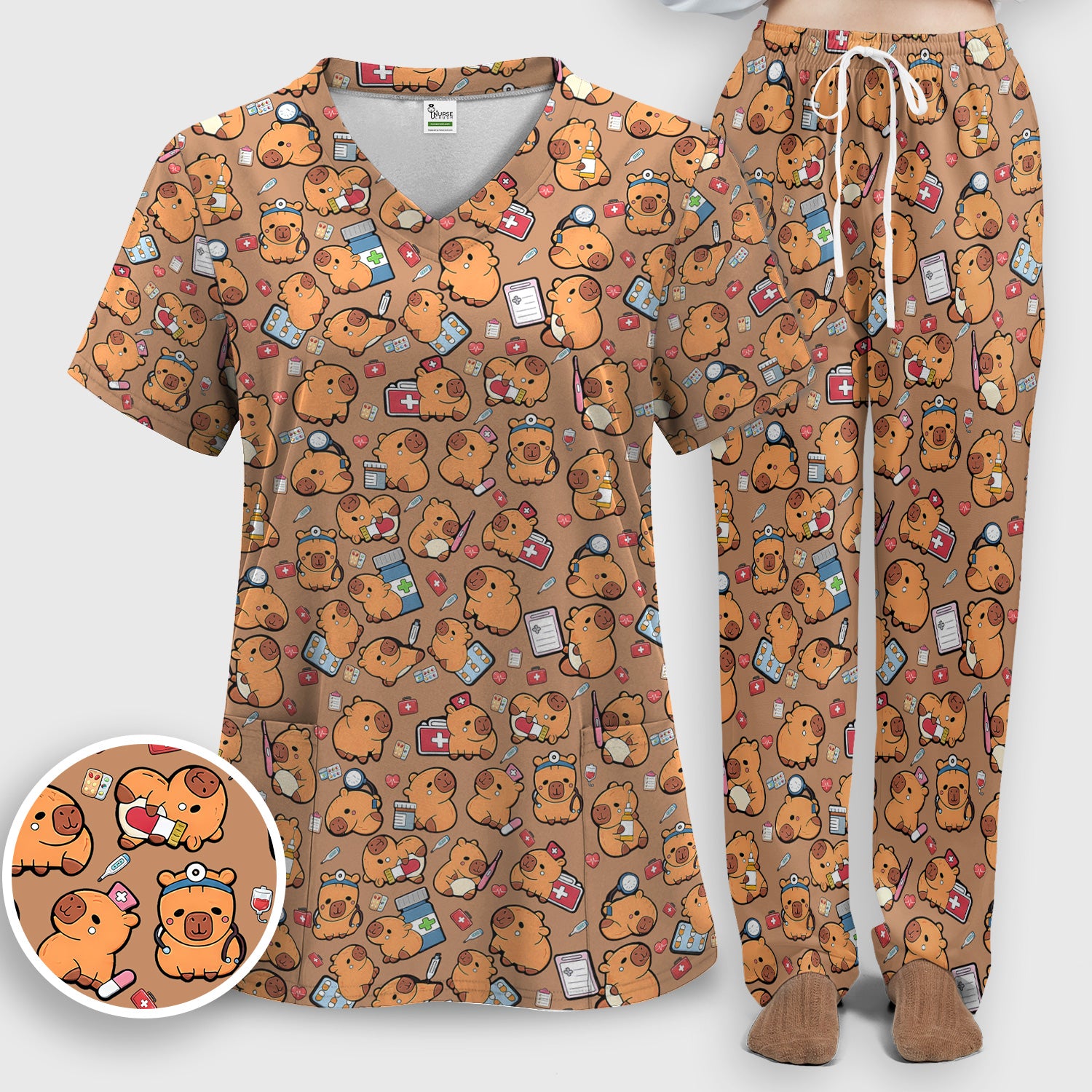 Capybara With Stethoscope And Medical Tools Seamless Scrub Set, Breathable Med Uniform