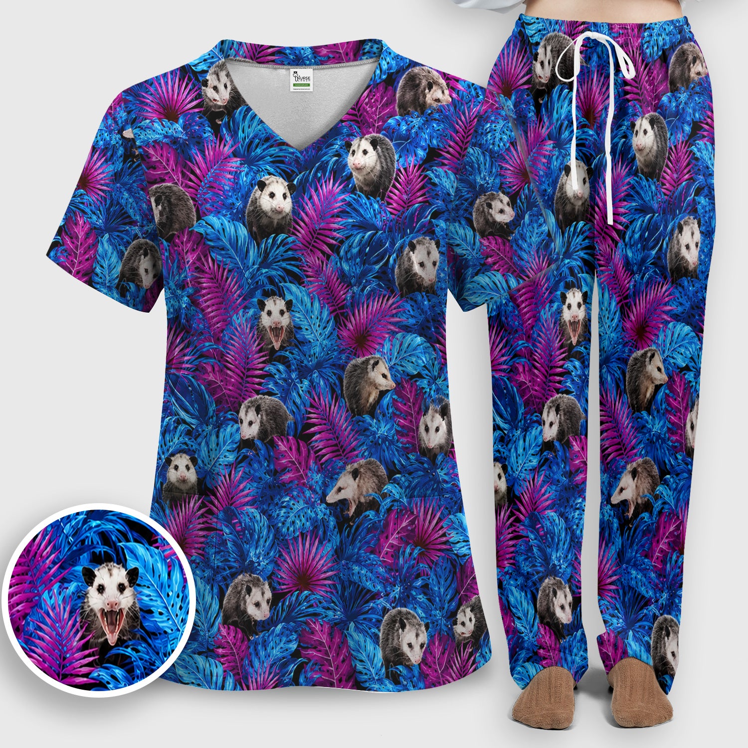 Cute Opossum Tropical Print Scrub Set, Scrub Pants and V Neck Top