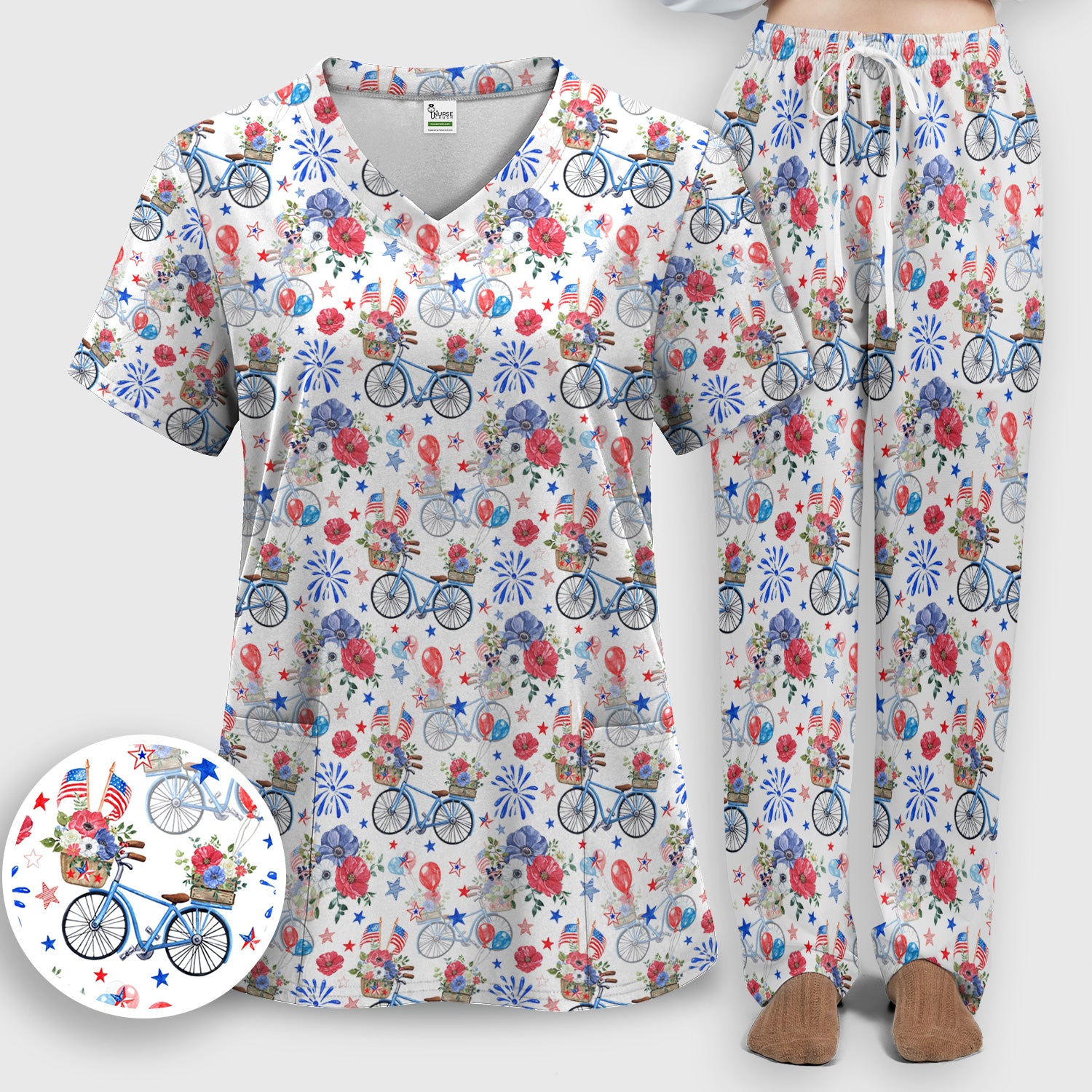 Patriotic Bicycle Floral Fireworks Print Scrub Set, Scrub Pants and V Neck Top