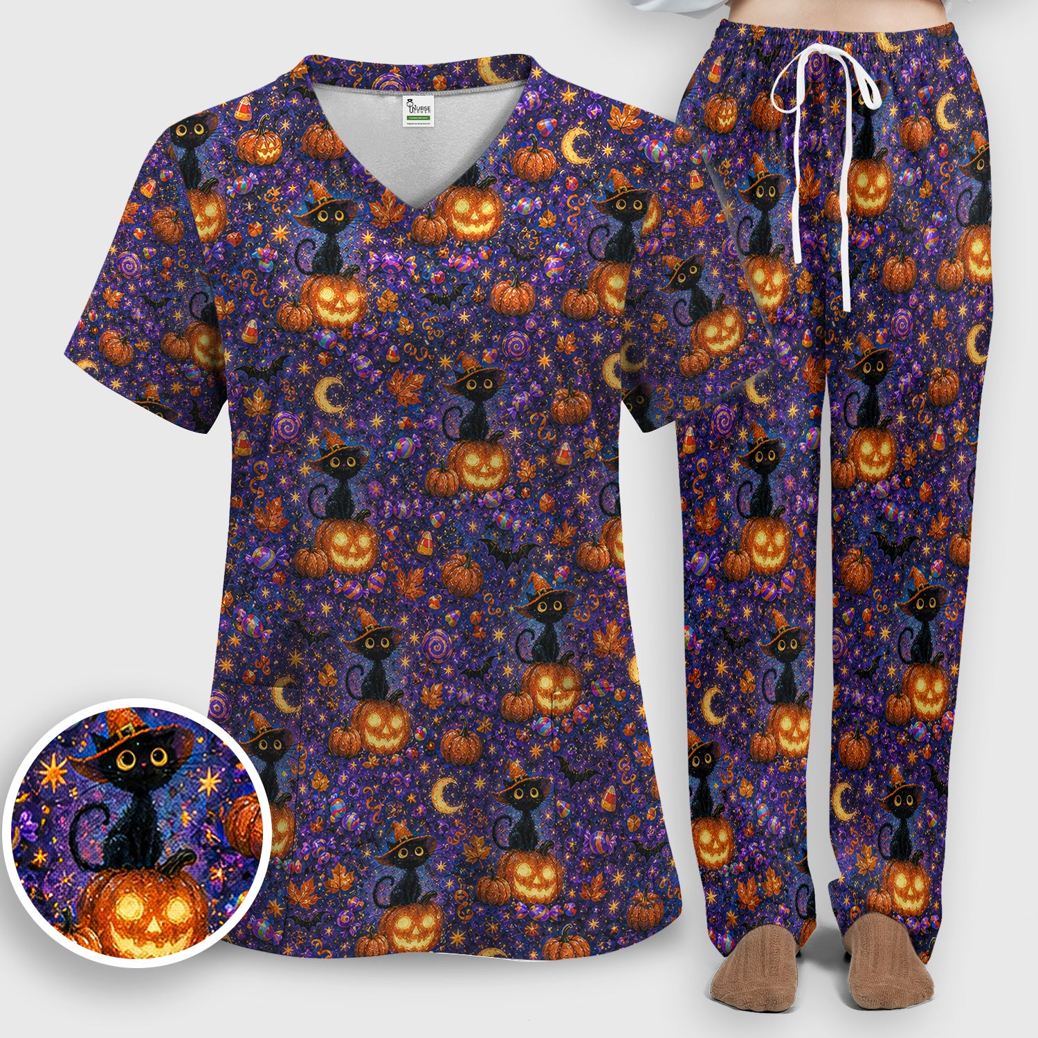 Mystical Halloween Witch Cat Scrub Set, Scrub Pants and V Neck Top
