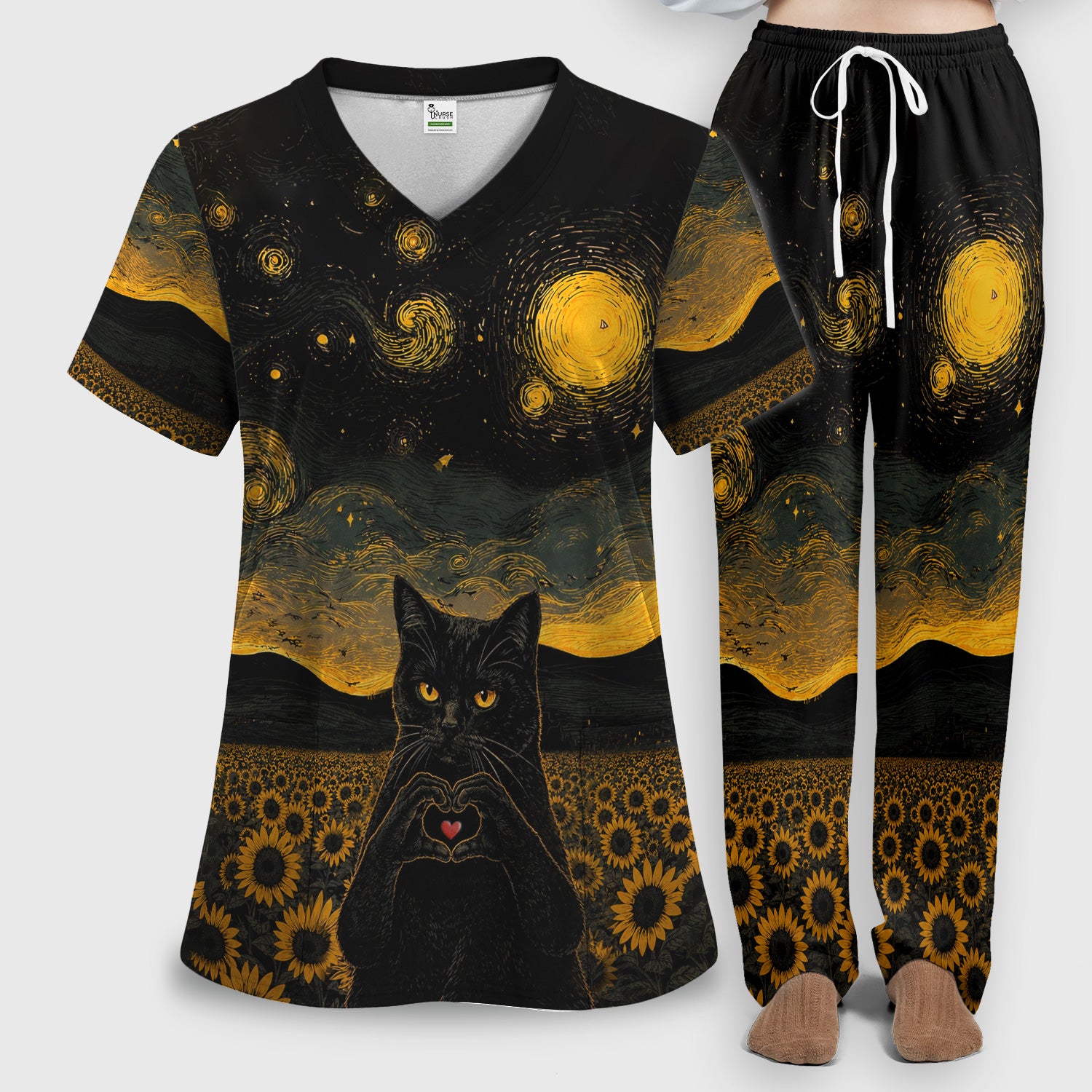 Cute Black Cat Sunflower Night Pattern Scrub Set, Scrub Pants and V Neck Top