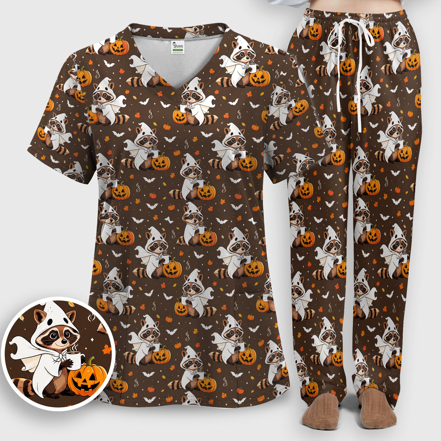 Halloween Ghost Raccoon Pumpkin Scrub Set, Scrub Pants and V Neck Top