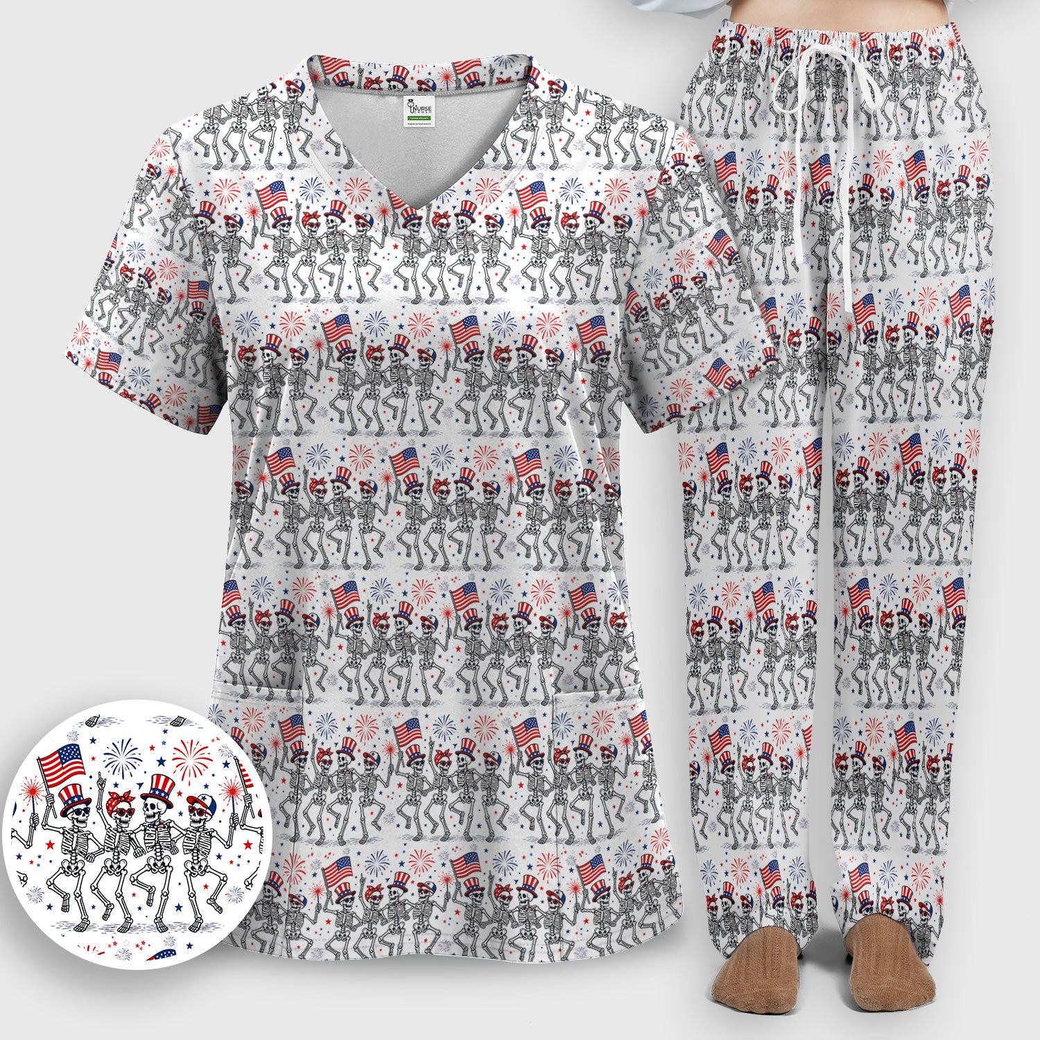 Funny Patriotic Skeleton Pattern, July 4 Medical Scrub Set, Scrub Pants and V Neck Top