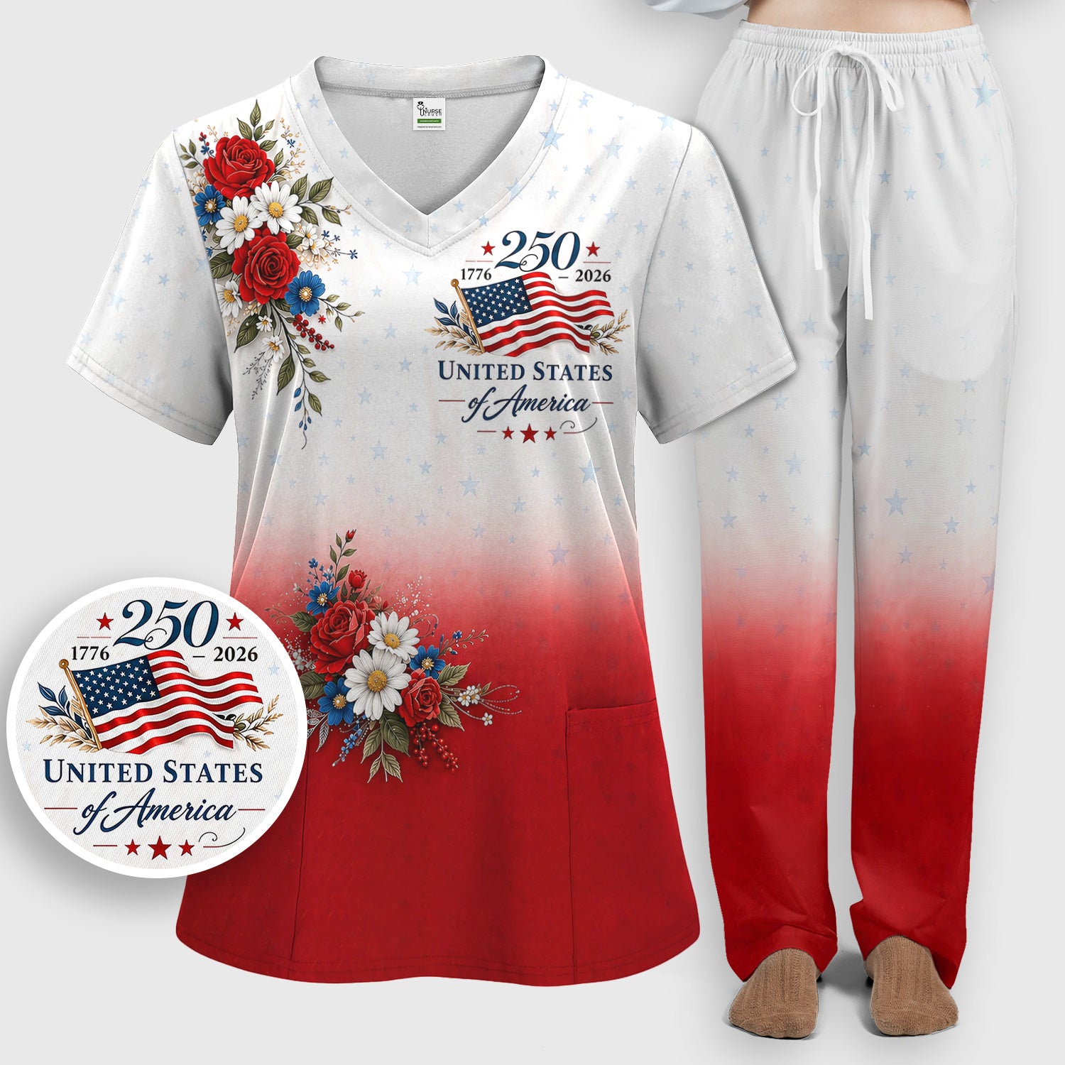 Patriotic 250th Flag Floral Pattern Scrub Set, Scrub Pants and V Neck Top