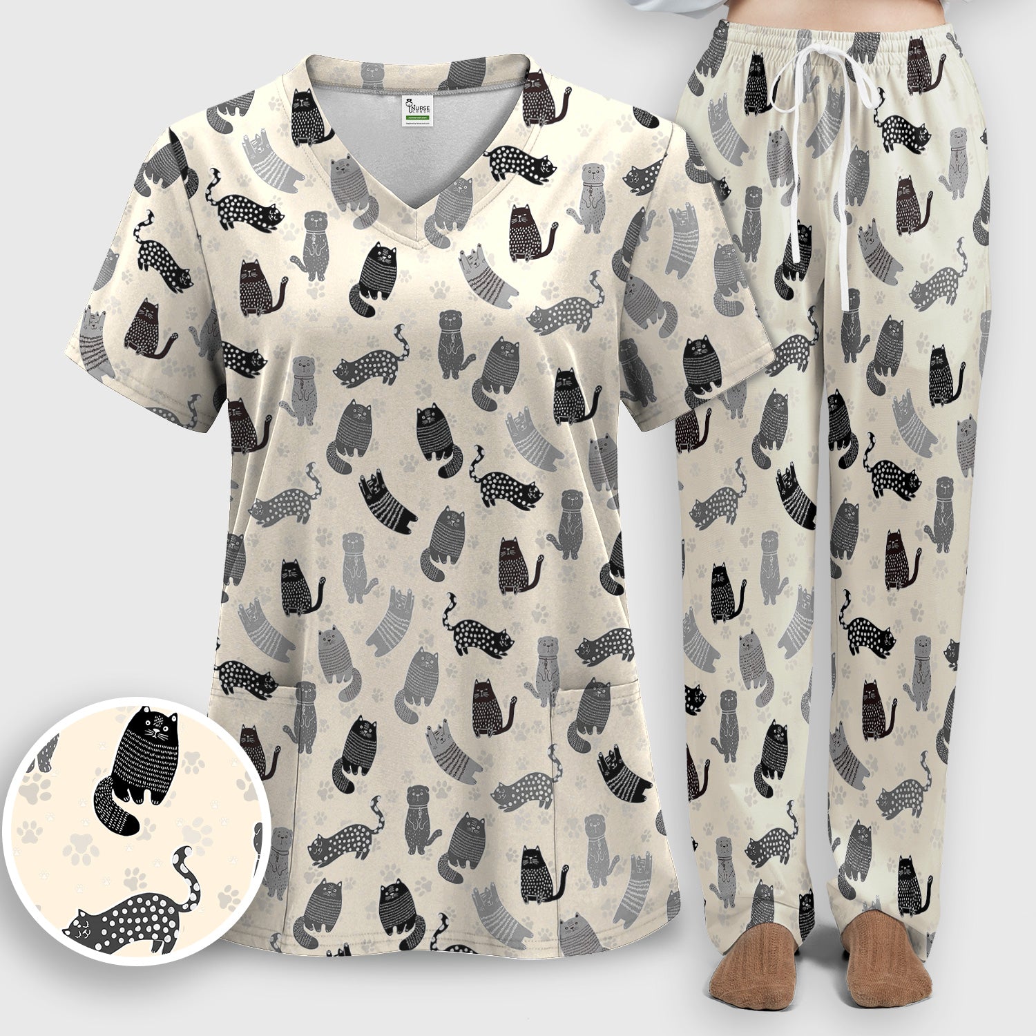 Cute Cat and Paw Print Pattern Scrub Set, Breathable Med Uniform
