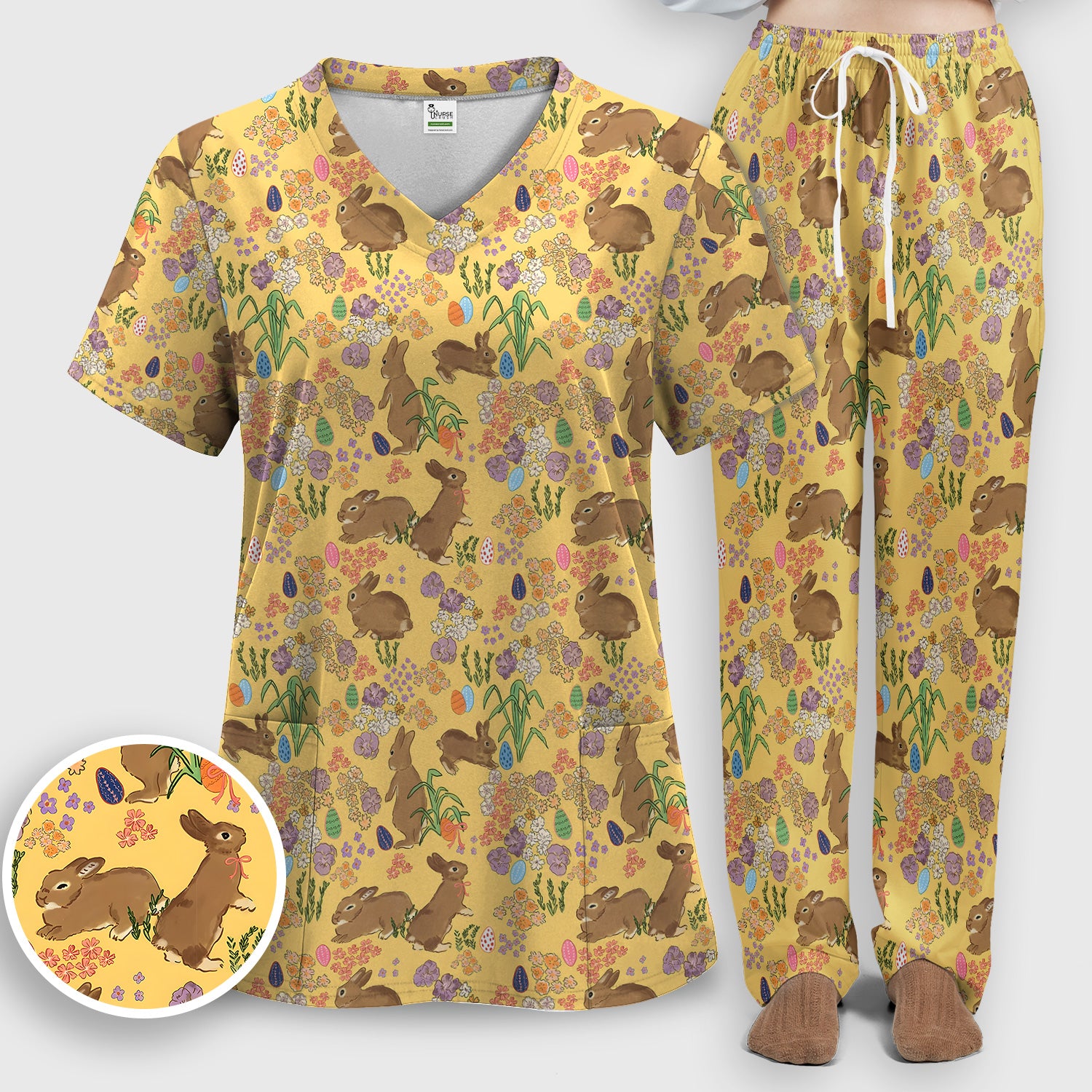 Cute Easter Bunny Pattern Scrub Set, Scrub Pants and V Neck Top