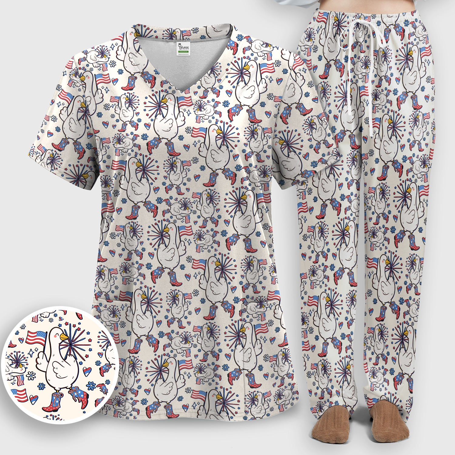 Patriotic Goose With USA Flag Fireworks Scrub Set, Breathable Fabrics Nursing Uniform