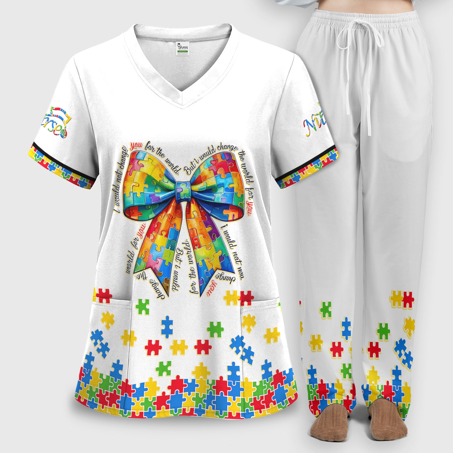 Autism Puzzle Bow Colorful Pieces Print Scrub Set, Breathable Med Uniform