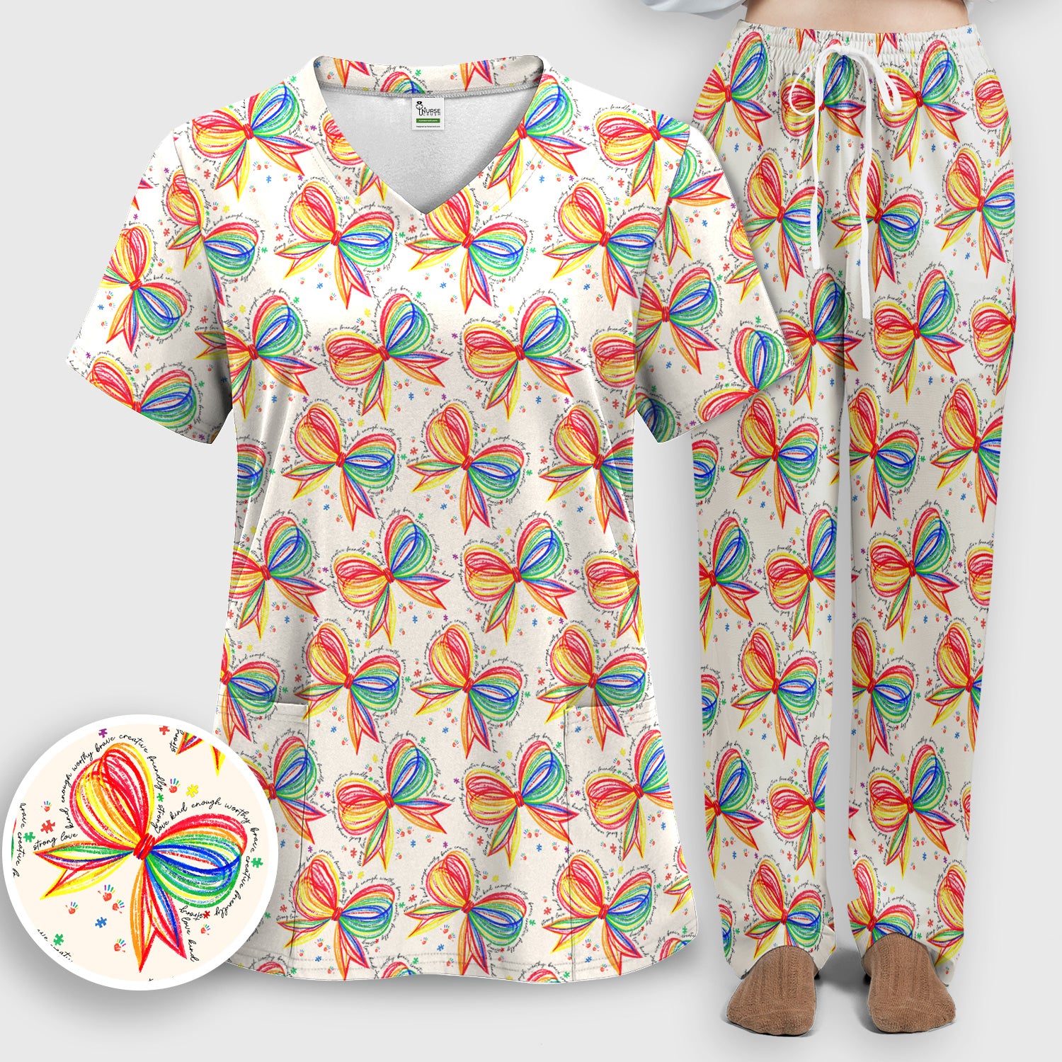 Colorful Rainbow Bow Pattern Scrub Set, Scrub Pants and V Neck Top