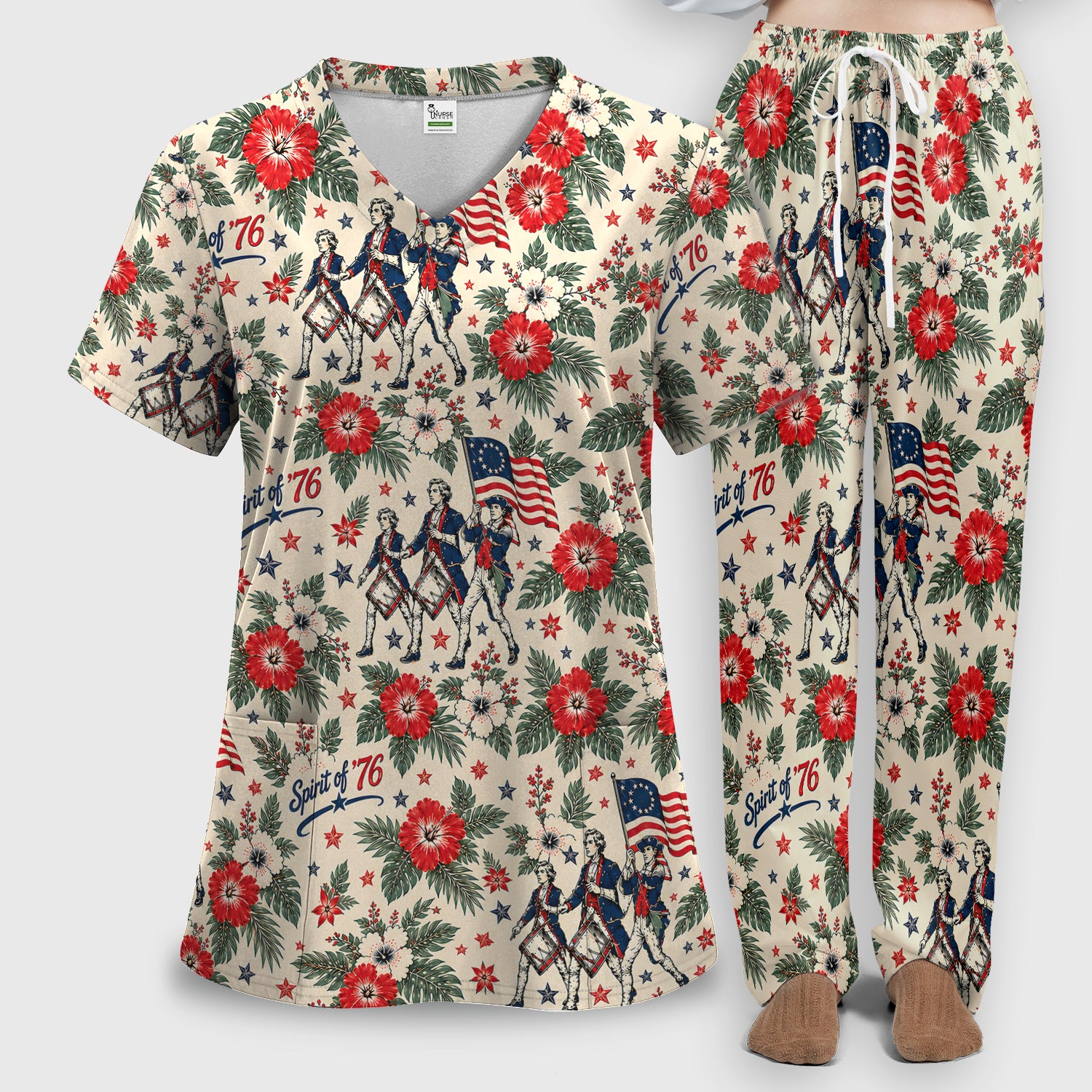 Vintage 1776 Patriot with Floral Flag Scrub Set, Scrub Pants and V Neck Top