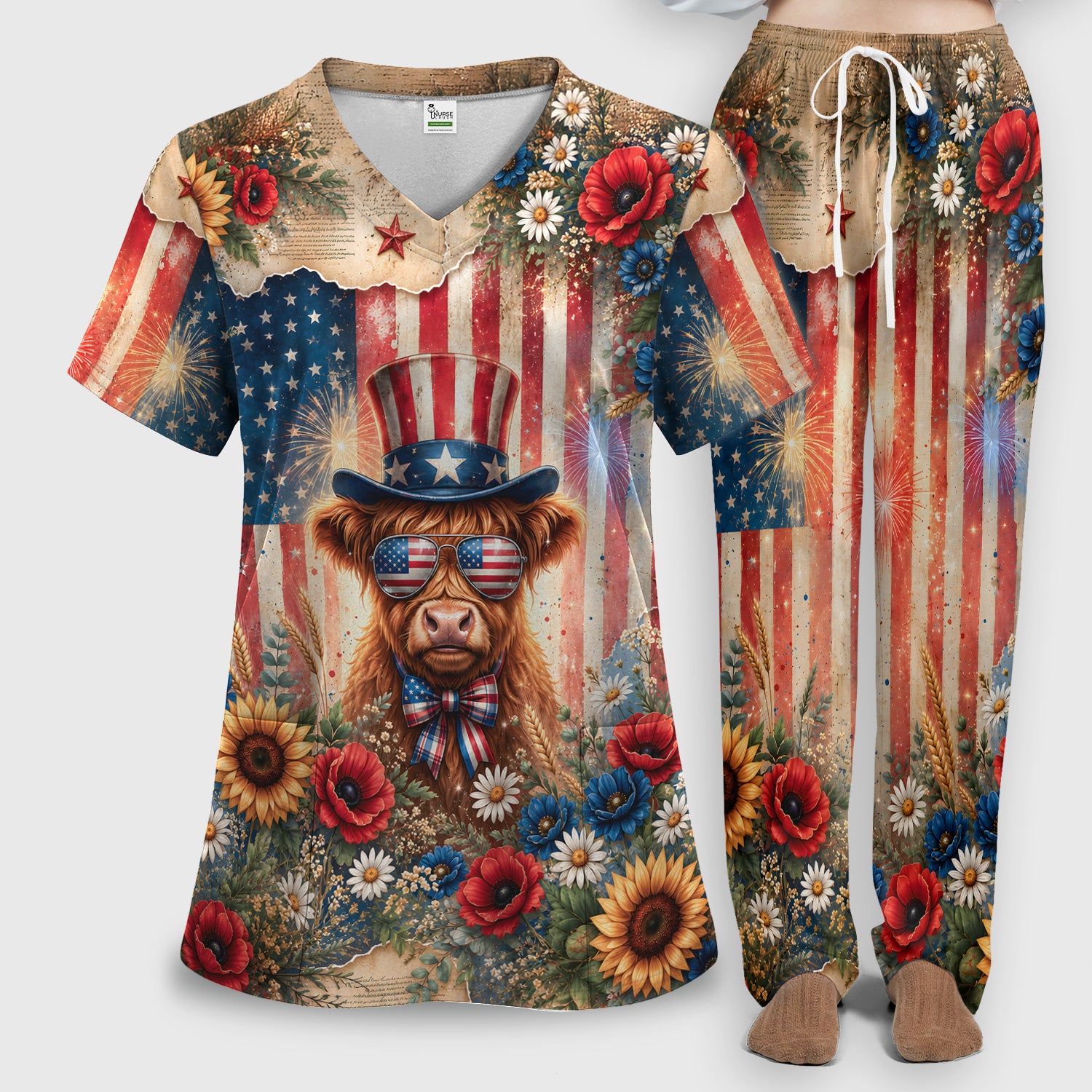 Patriotic Highland Cow Nurse for RN, CNA, Healthcare Workers Scrub Set, Scrub Pants and V Neck Top