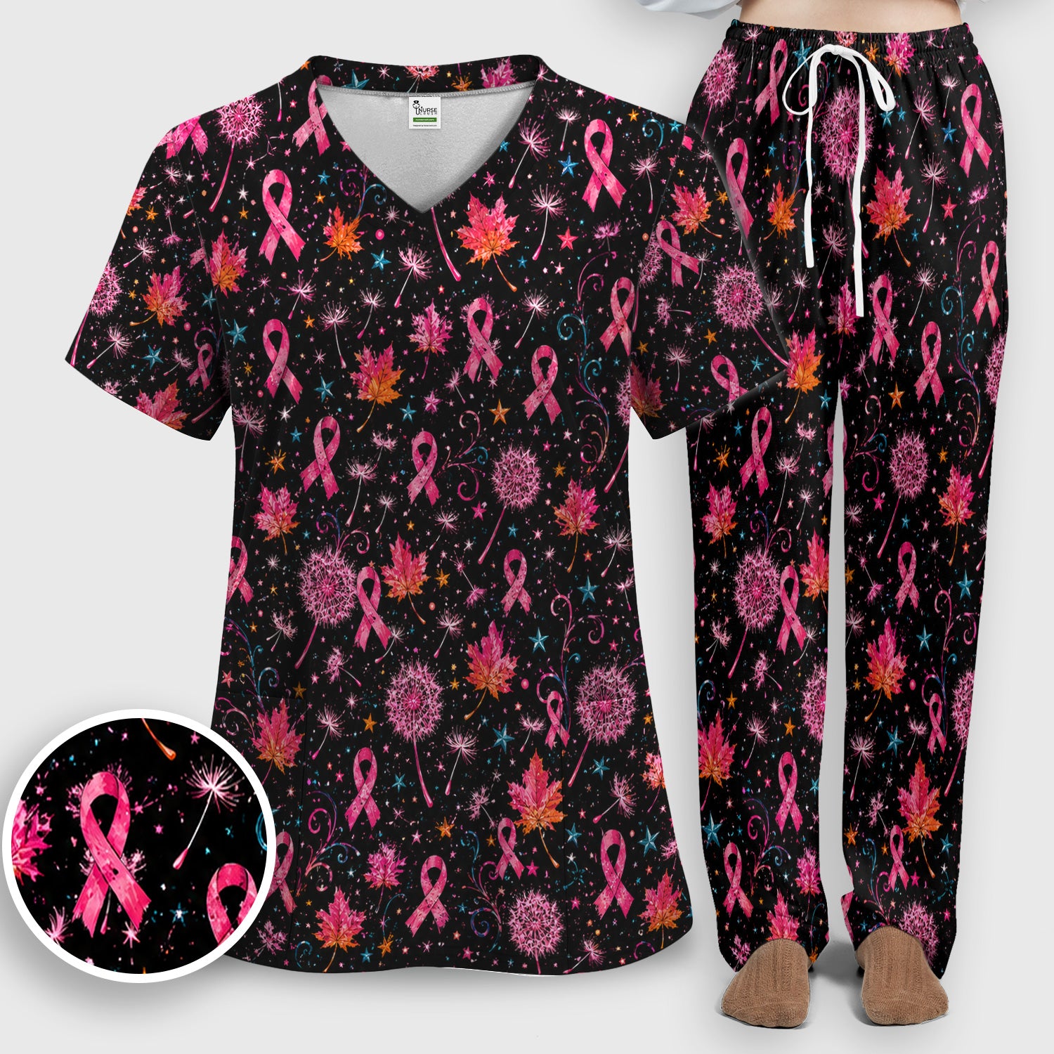 Breast Cancer Awareness Pink Ribbon Fall Scrub Set, Scrub Pants and V Neck Top