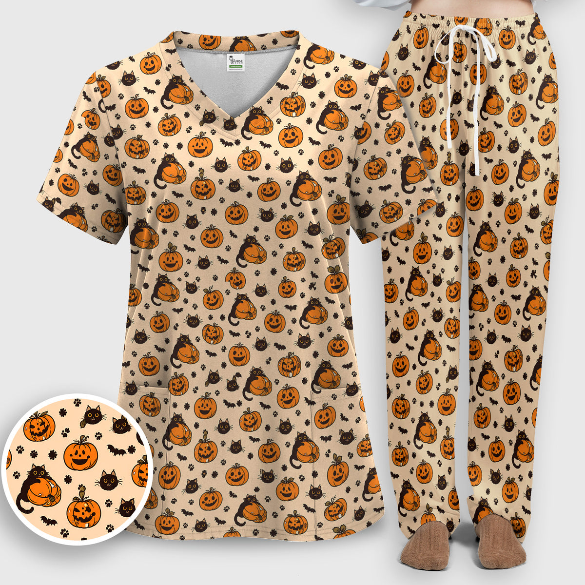 Cute Halloween Black Cat And Pumpkins Scrub Set, Scrub Pants and V Neck Top